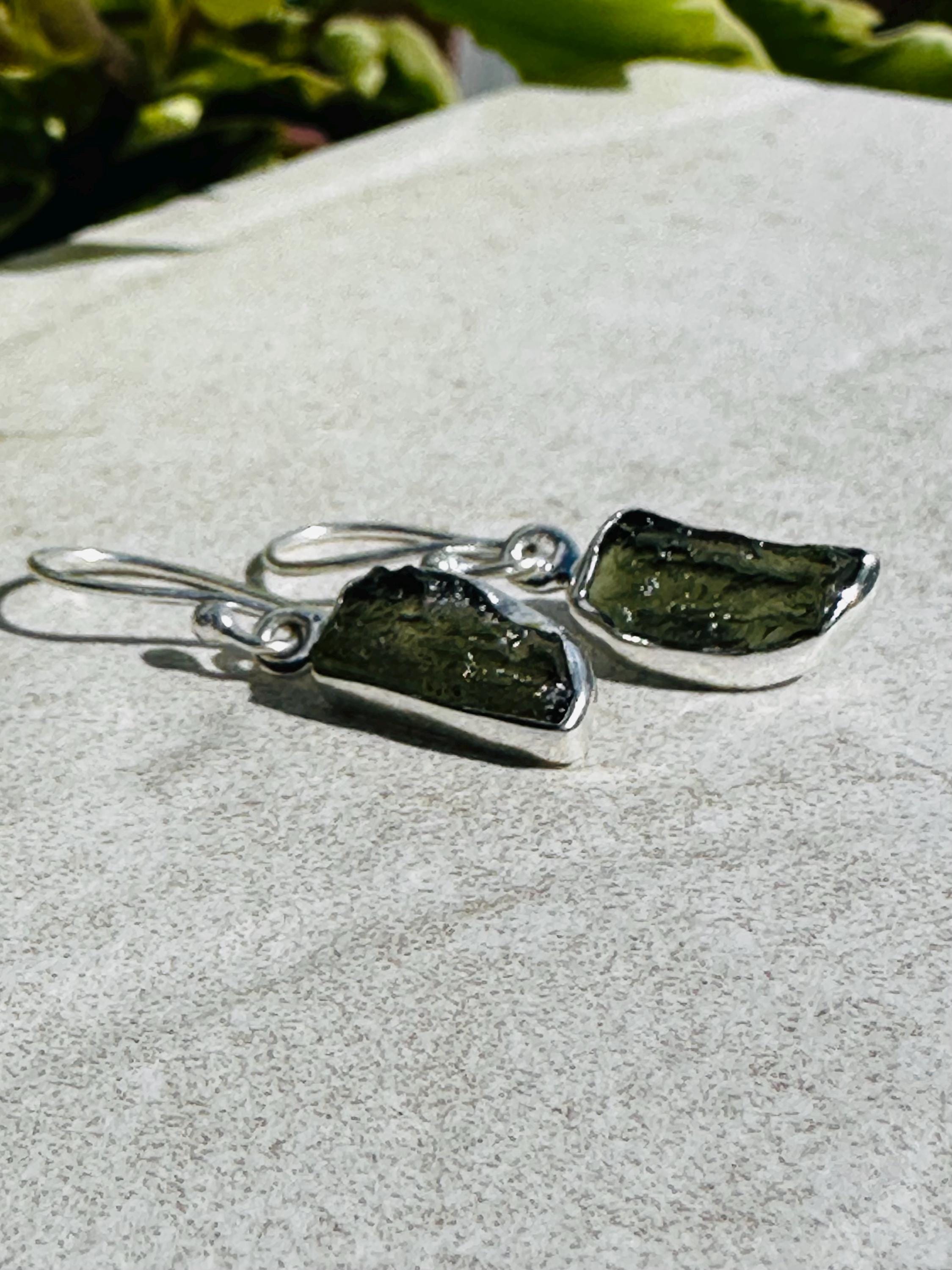 Natural Moldavite Dangle Earrings, Sterling Silver Uncut 14mm x 7mm, Handmade UK