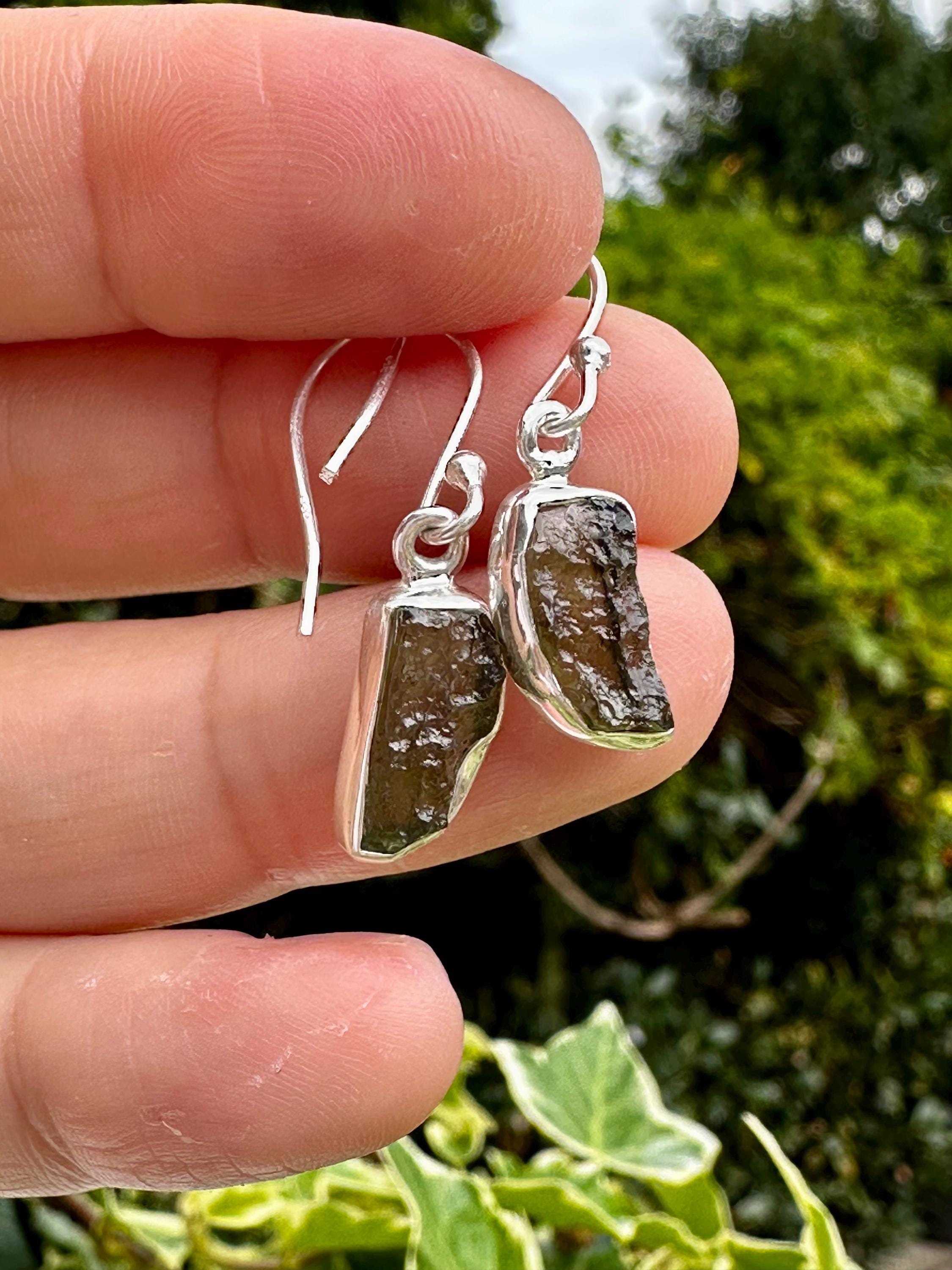 Natural Moldavite Dangle Earrings, Sterling Silver Uncut 14mm x 7mm, Handmade UK