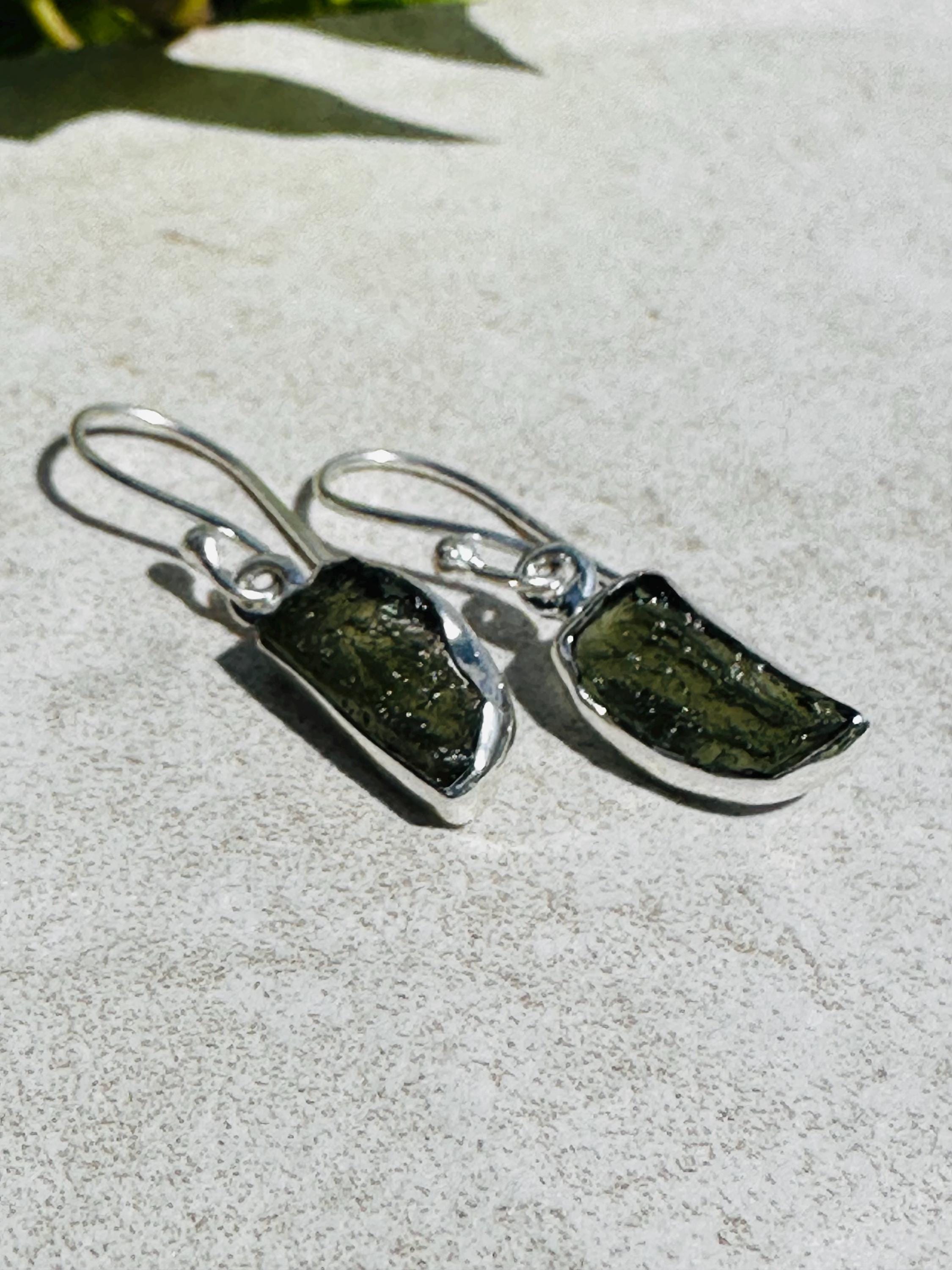 Natural Moldavite Dangle Earrings, Sterling Silver Uncut 14mm x 7mm, Handmade UK