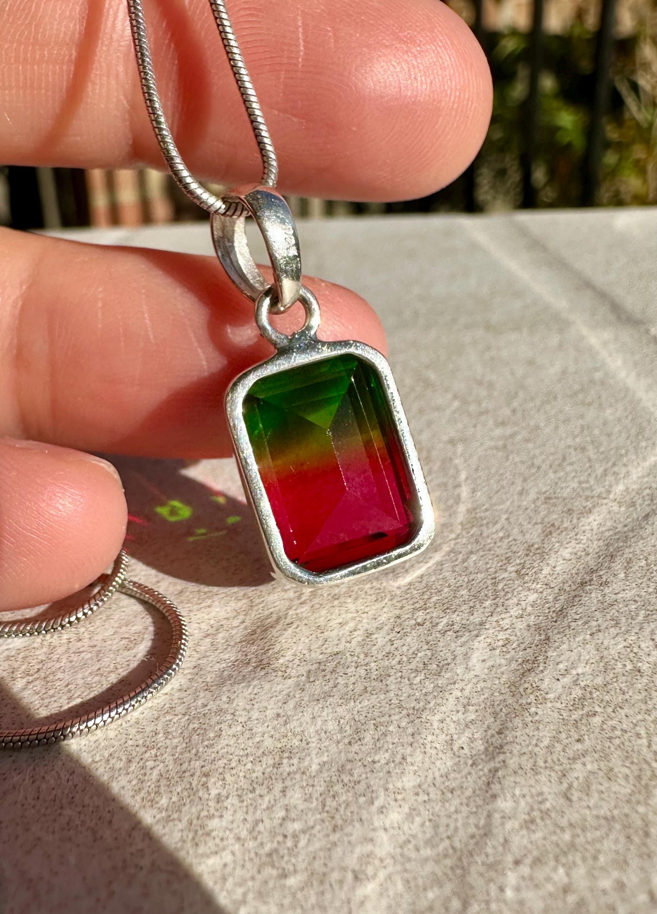 Watermelon Tourmaline Pendant, Emerald Cut 14mm 10mm Sterling Silver, Handmade UK gift