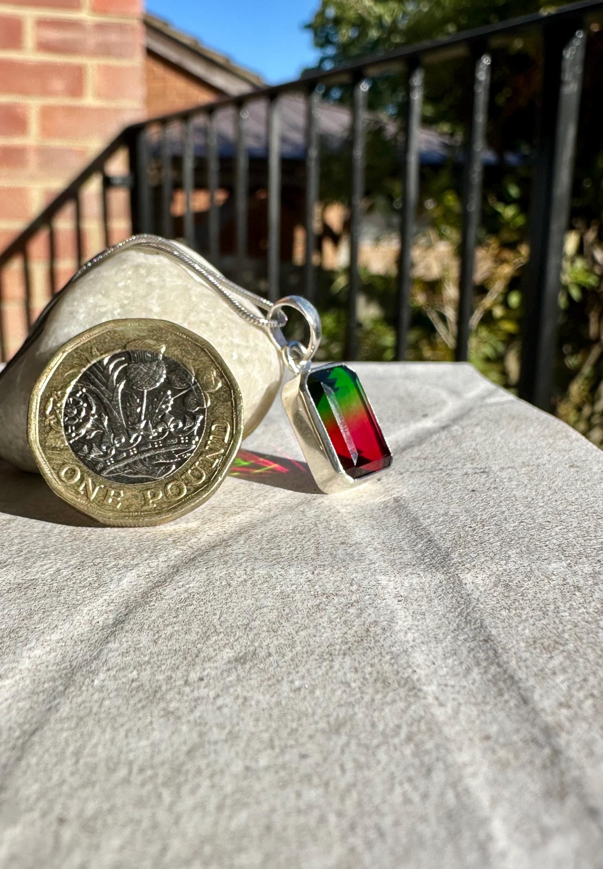 Watermelon Tourmaline Pendant, Emerald Cut 14mm 10mm Sterling Silver, Handmade UK gift