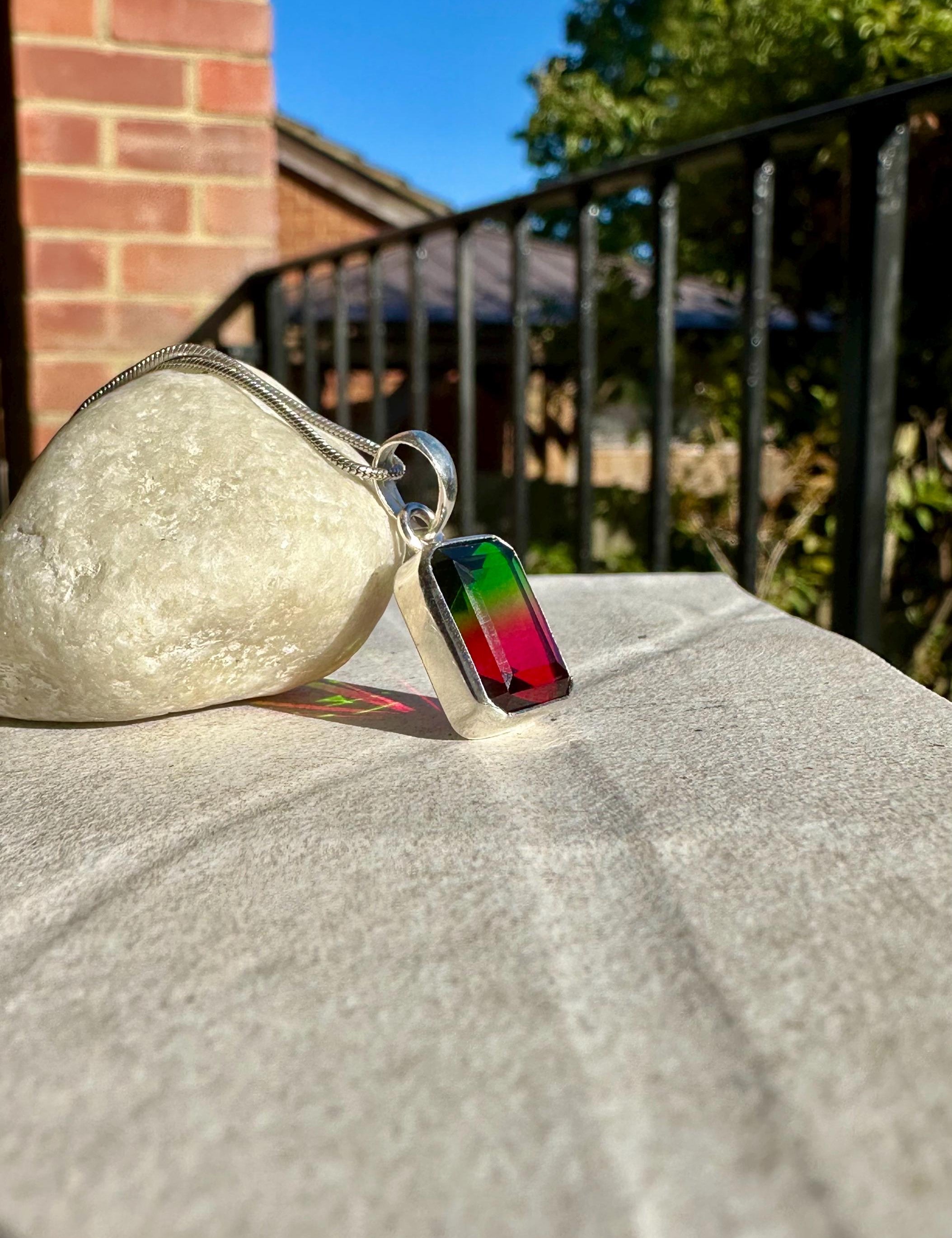 Watermelon Tourmaline Pendant, Emerald Cut 14mm 10mm Sterling Silver, Handmade UK gift