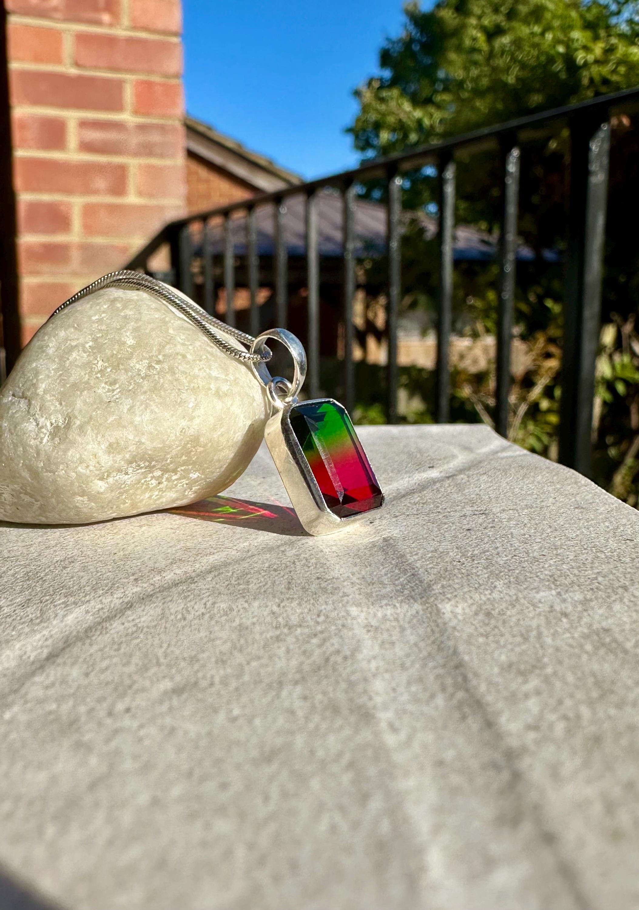 Watermelon Tourmaline Pendant, Emerald Cut 14mm 10mm Sterling Silver, Handmade UK gift