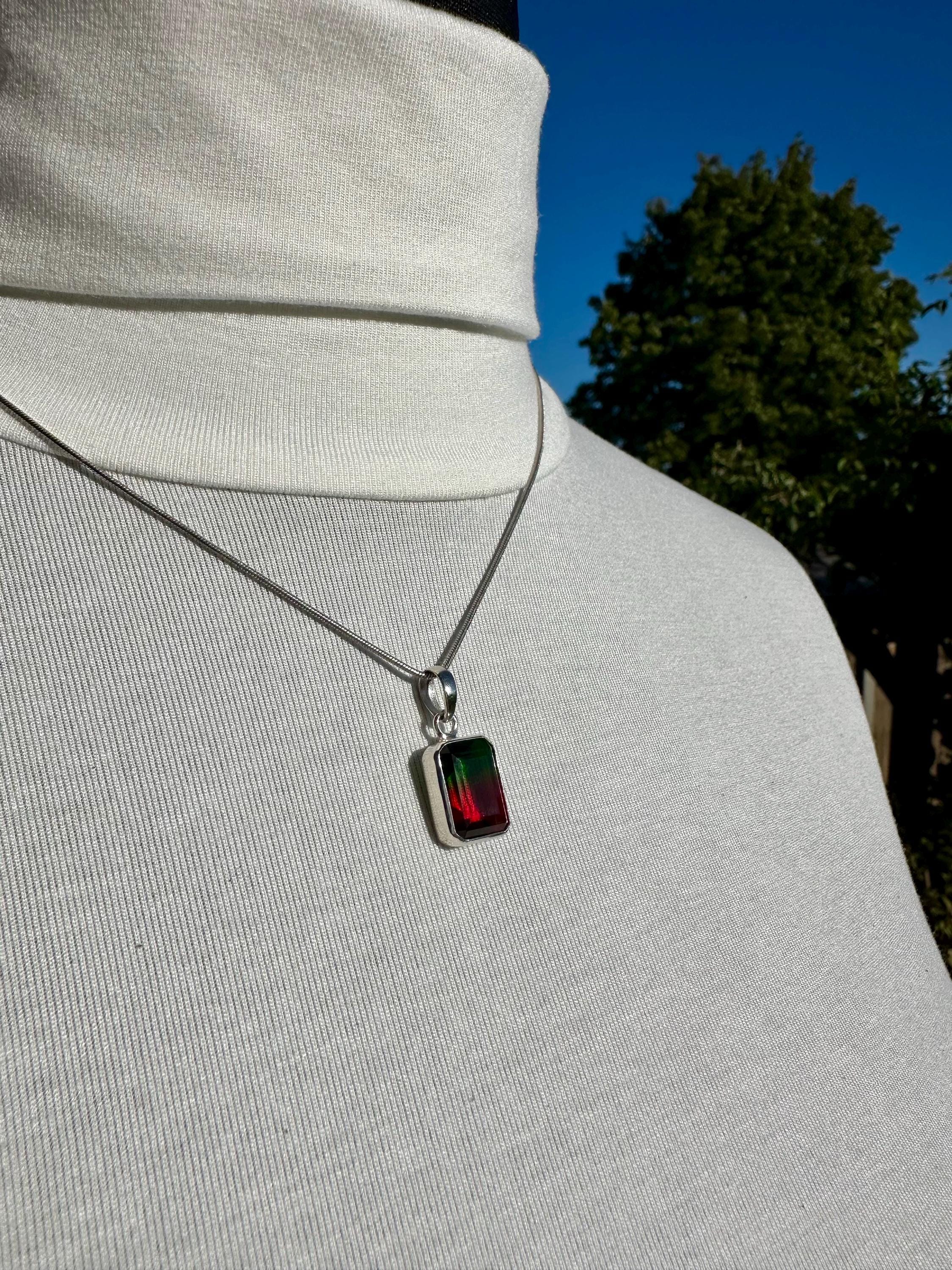 Watermelon Tourmaline Pendant, Emerald Cut 14mm 10mm Sterling Silver, Handmade UK gift