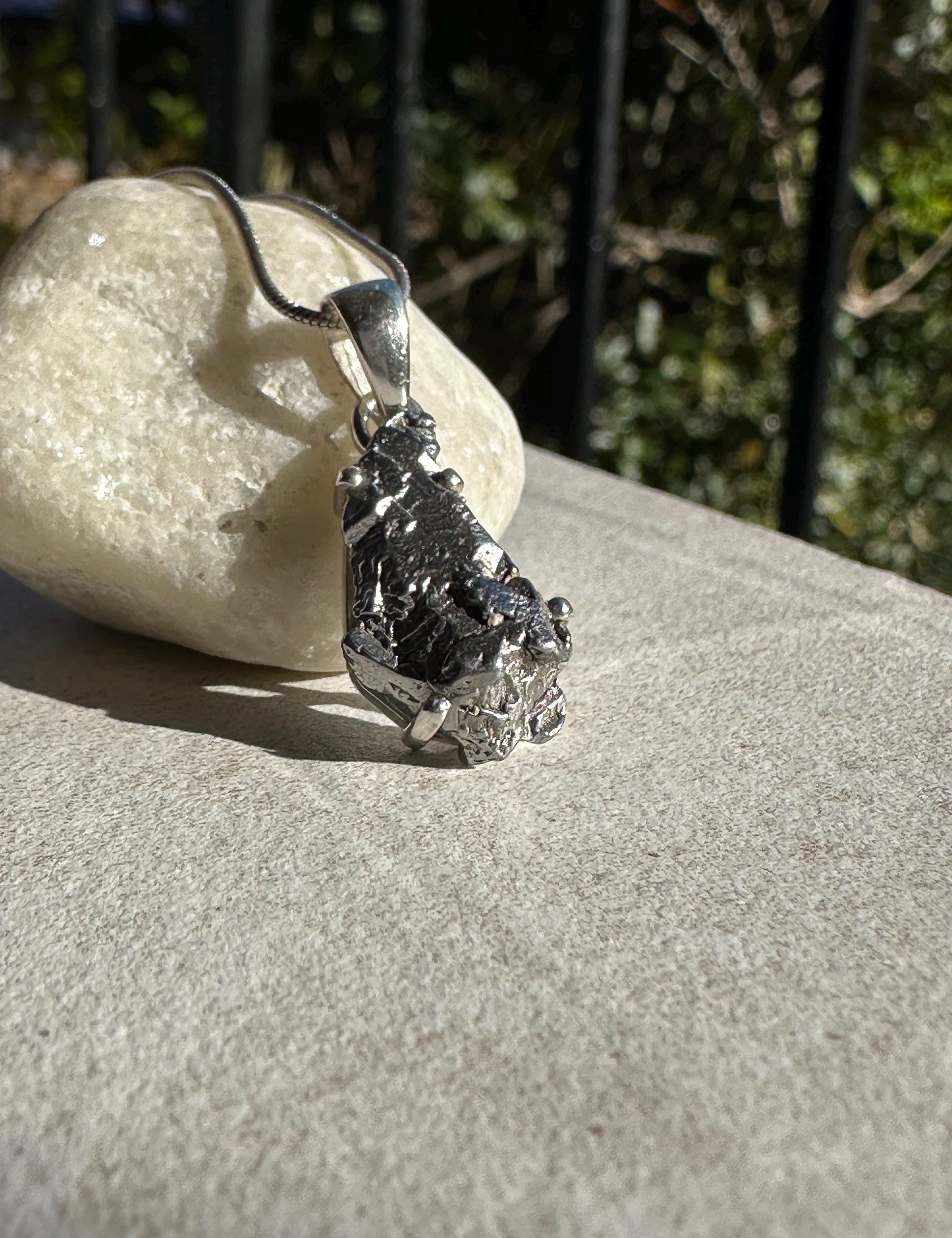 Meteorite Campo Del Cielo Pendant, 20mm x 11mm Sterling Silver, Handmade UK gift