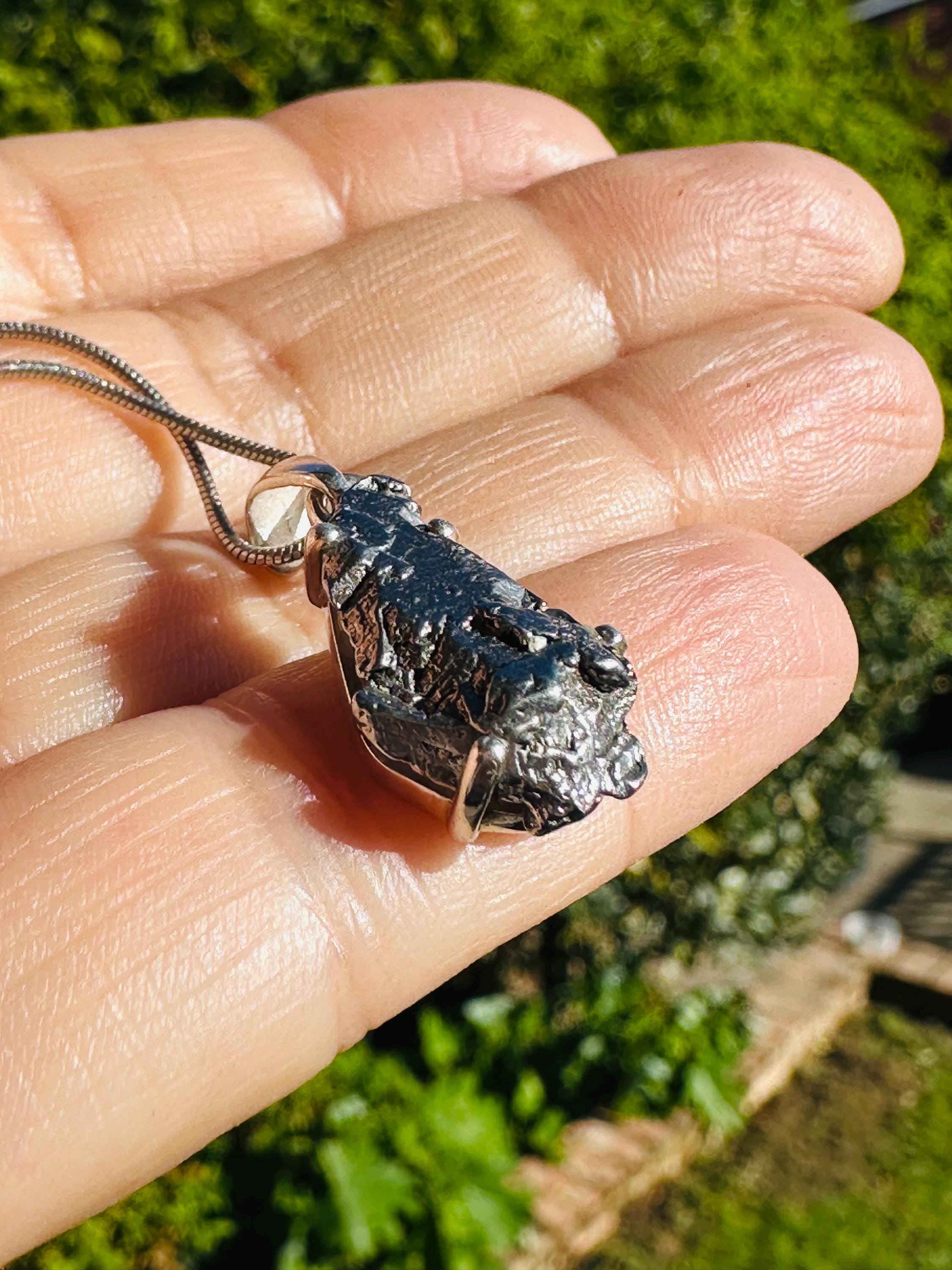 Meteorite Campo Del Cielo Pendant, 20mm x 11mm Sterling Silver, Handmade UK gift
