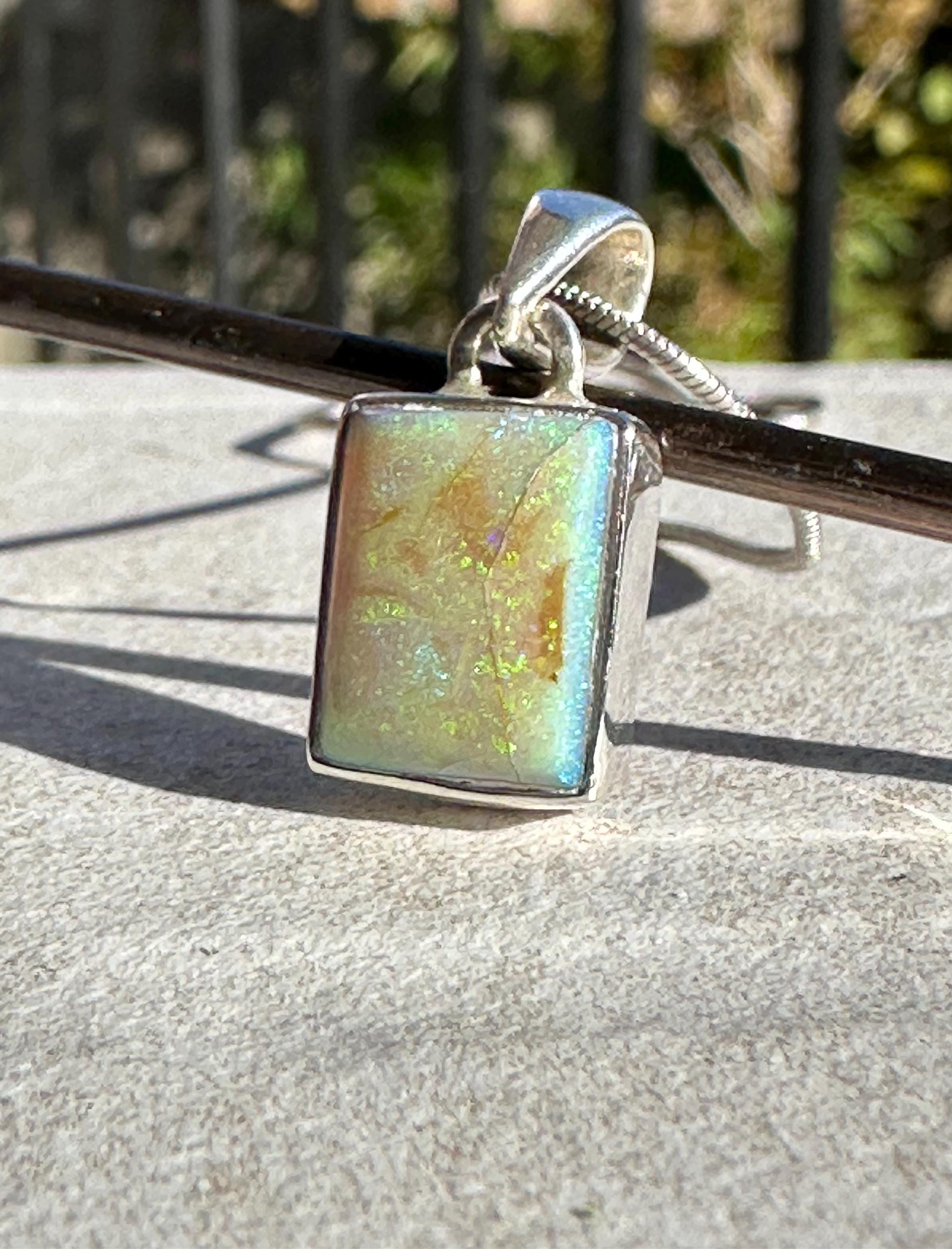 Sterling Opal Pendant: Emerald Cut Sterling Silver Handmade Necklace