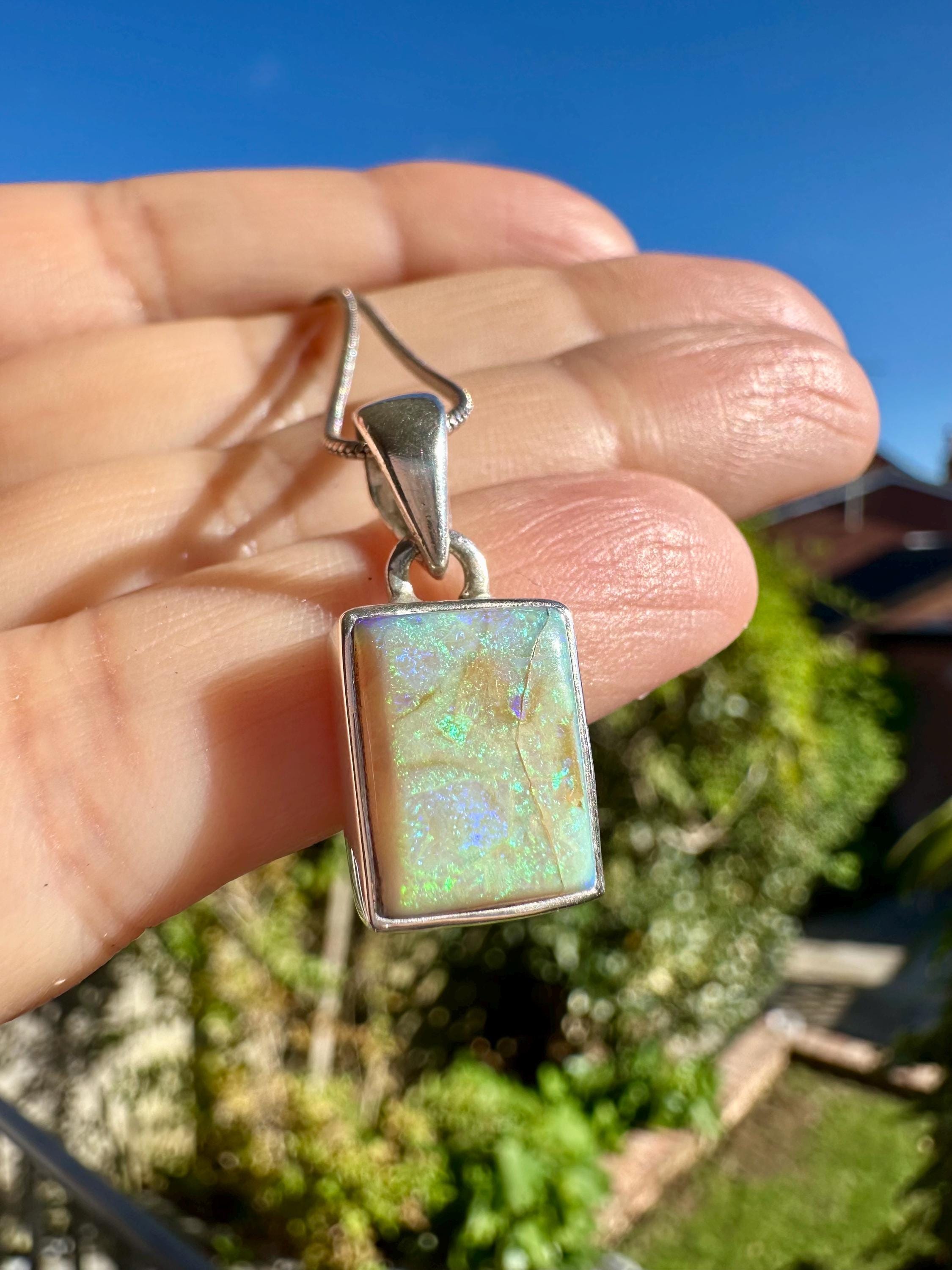 Sterling Opal Pendant: Emerald Cut Sterling Silver Handmade Necklace