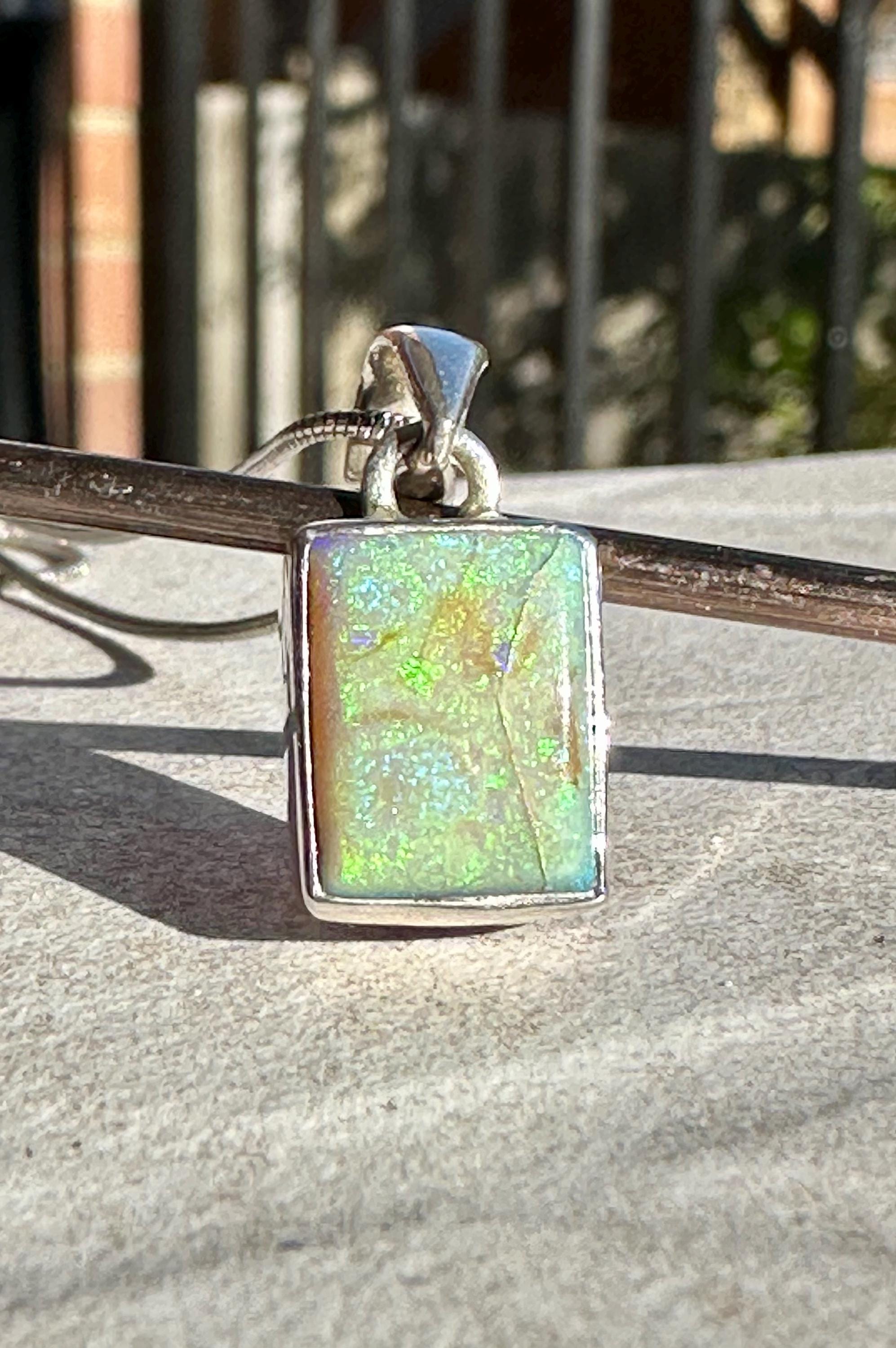 Sterling Opal Pendant: Emerald Cut Sterling Silver Handmade Necklace