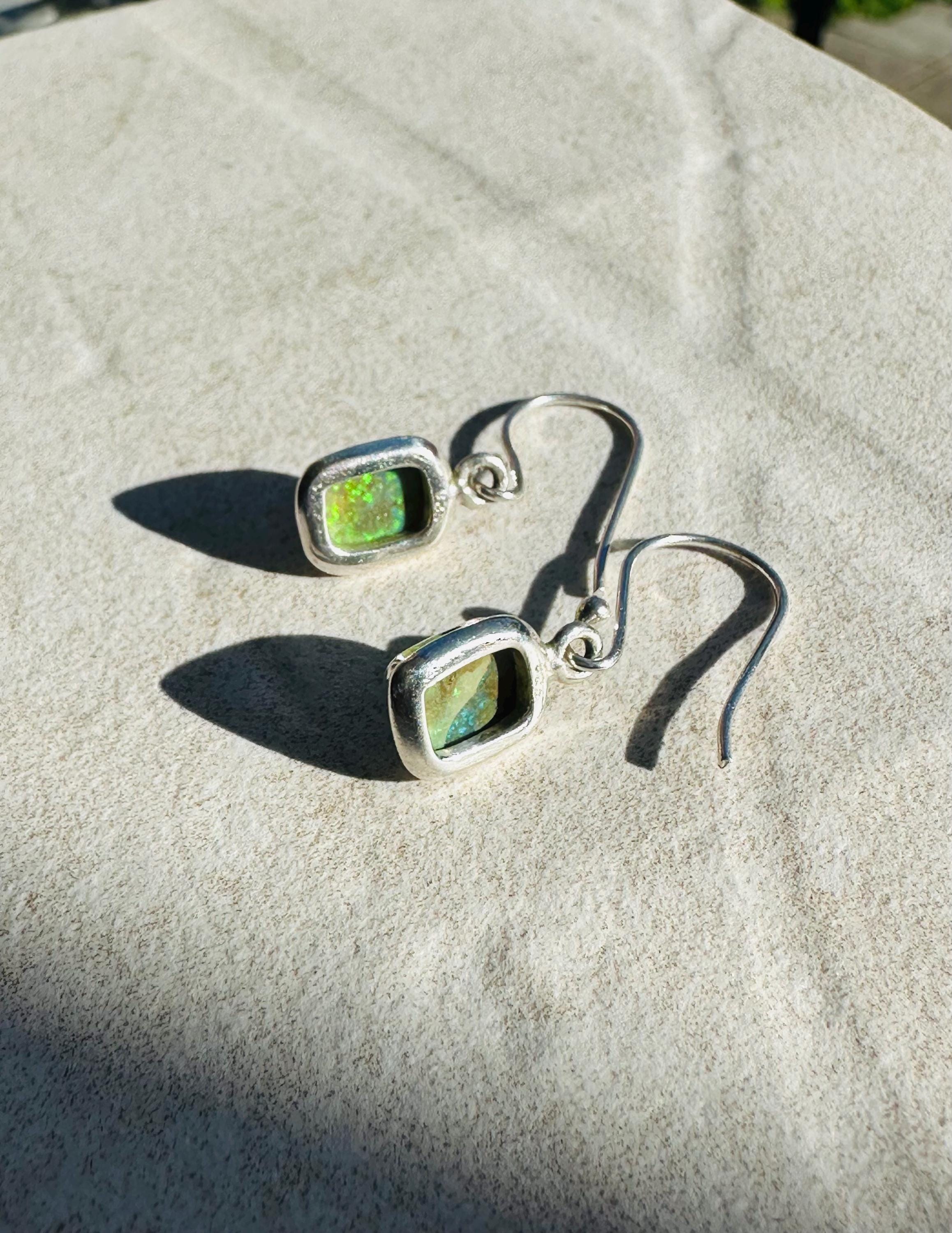 Sterling Silver Monarch Opal Earrings: Emerald Cut, Handmade