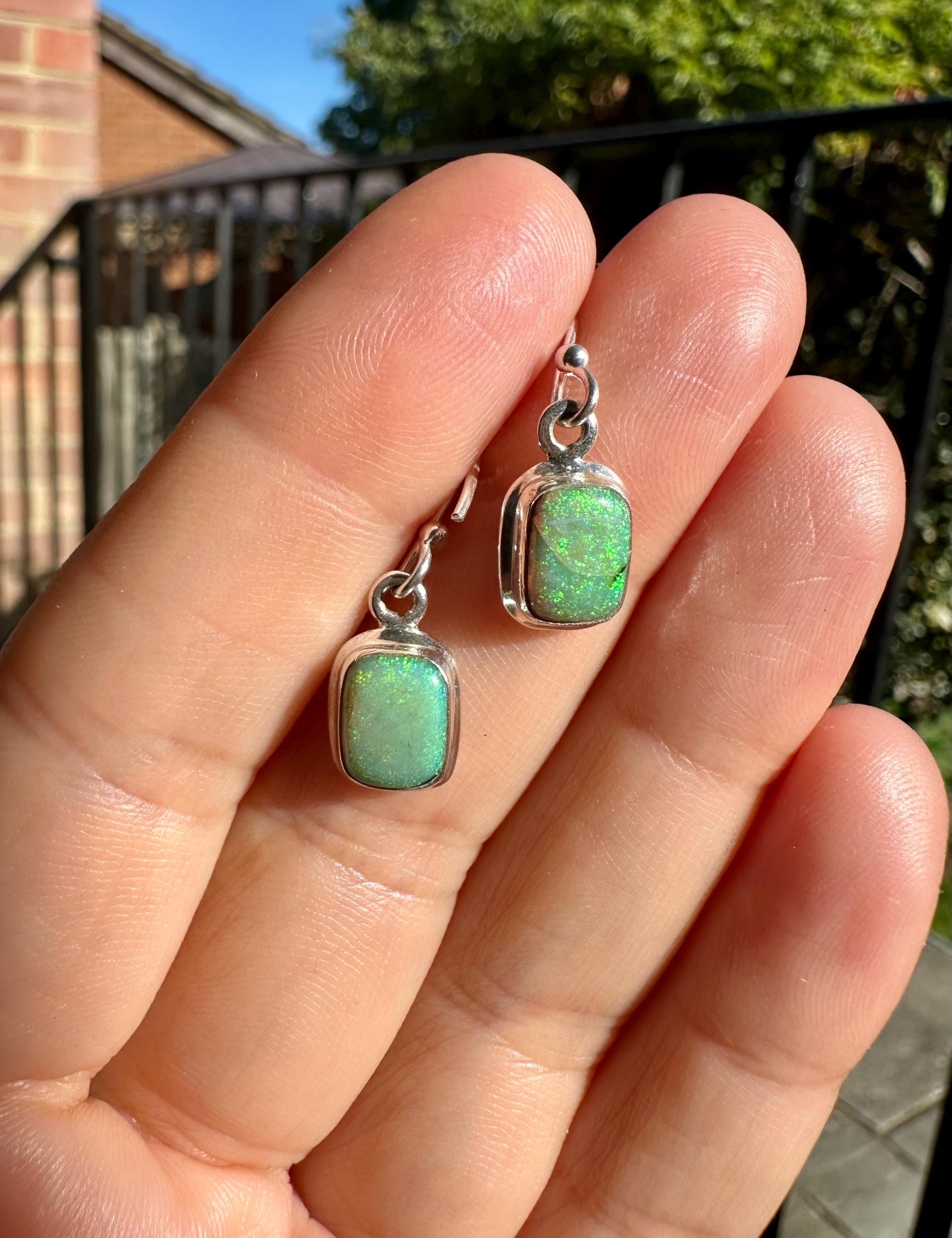 Sterling Silver Monarch Opal Earrings: Emerald Cut, Handmade