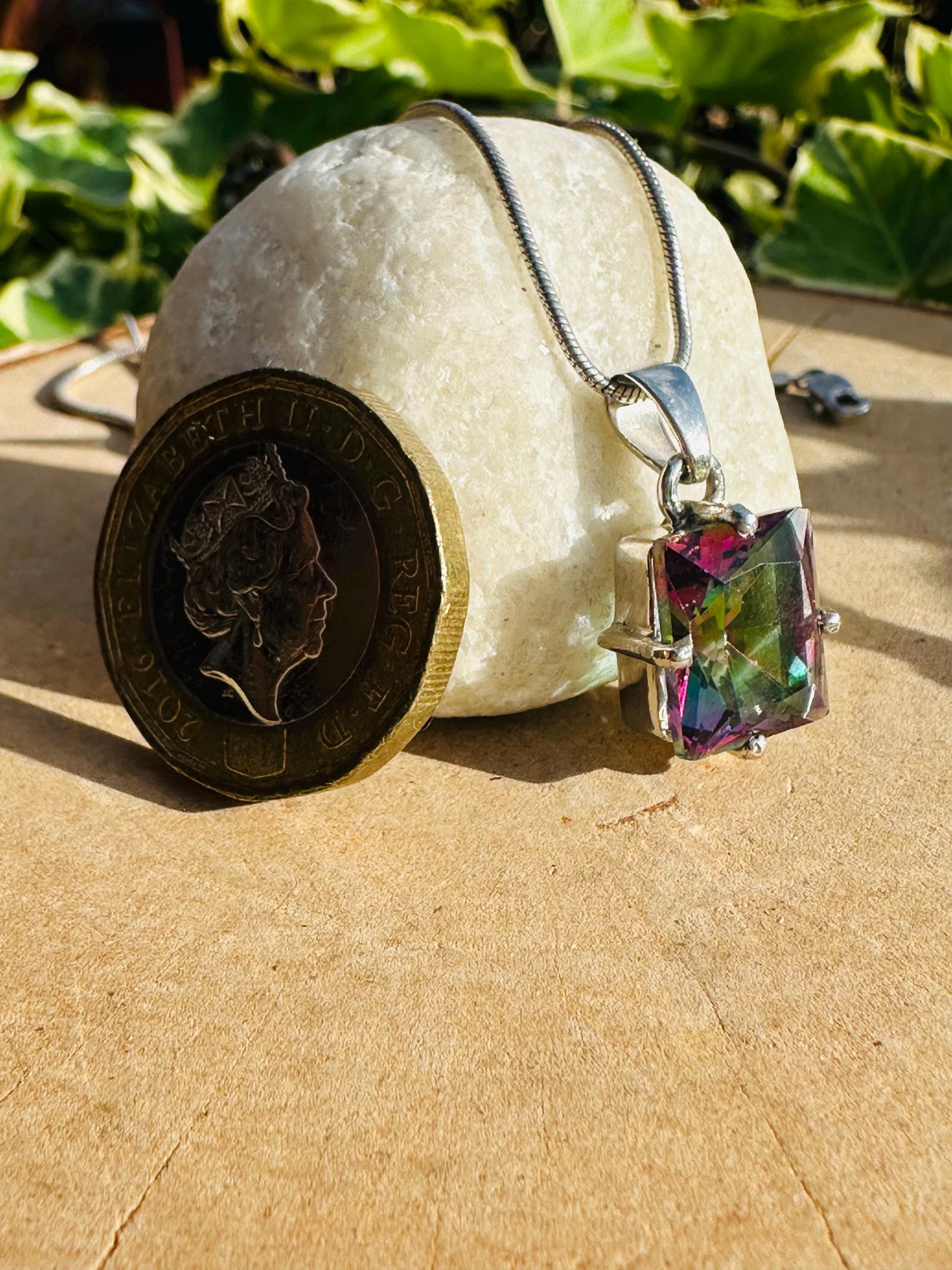 Mystic Topaz Sterling Silver Pendant: Emerald Cut Rainbow Gem