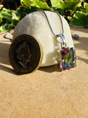 Mystic Topaz Sterling Silver Pendant: Emerald Cut Rainbow Gem