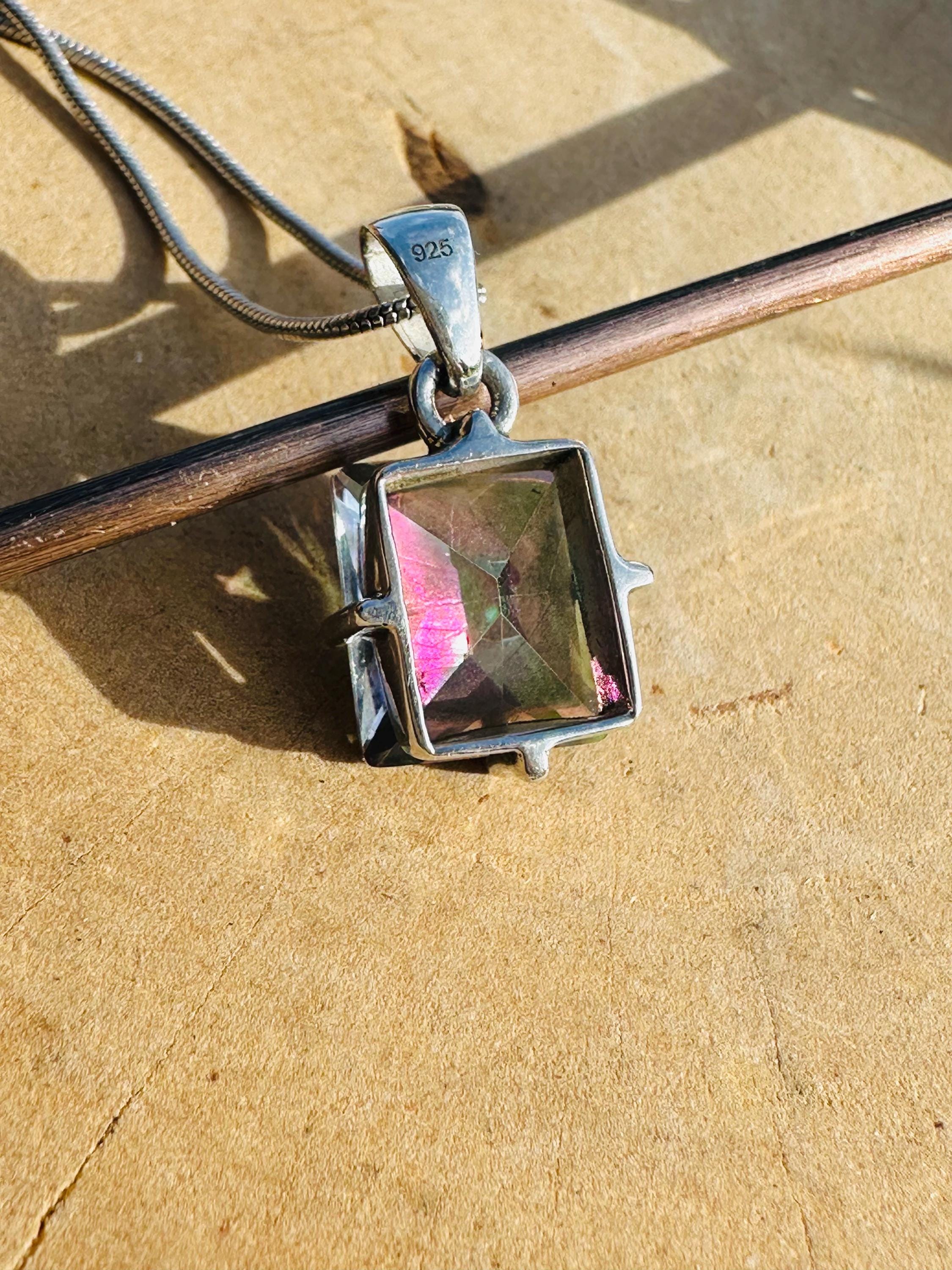 Mystic Topaz Sterling Silver Pendant: Emerald Cut Rainbow Gem