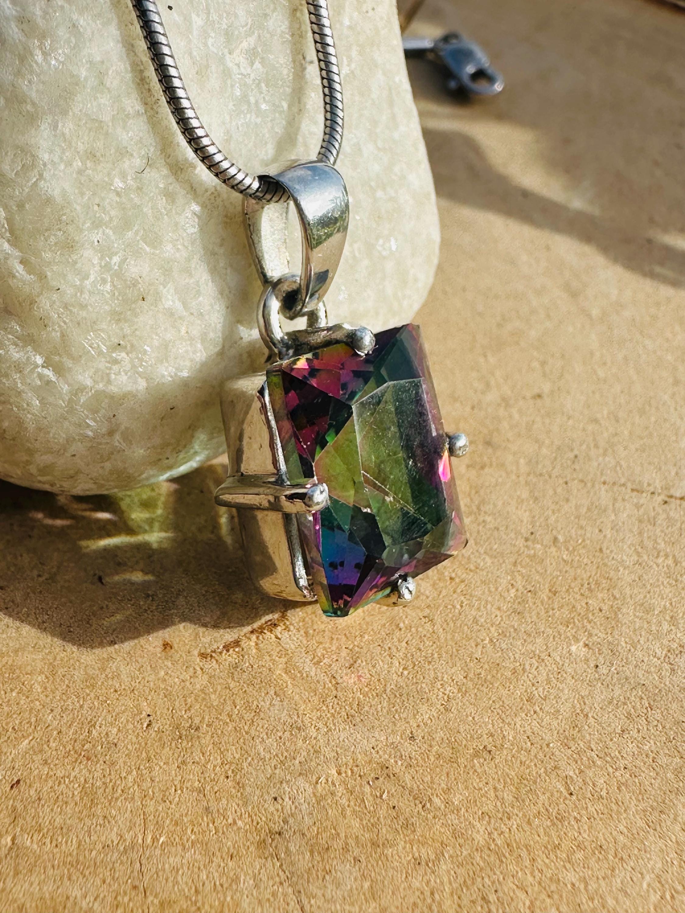 Mystic Topaz Sterling Silver Pendant: Emerald Cut Rainbow Gem
