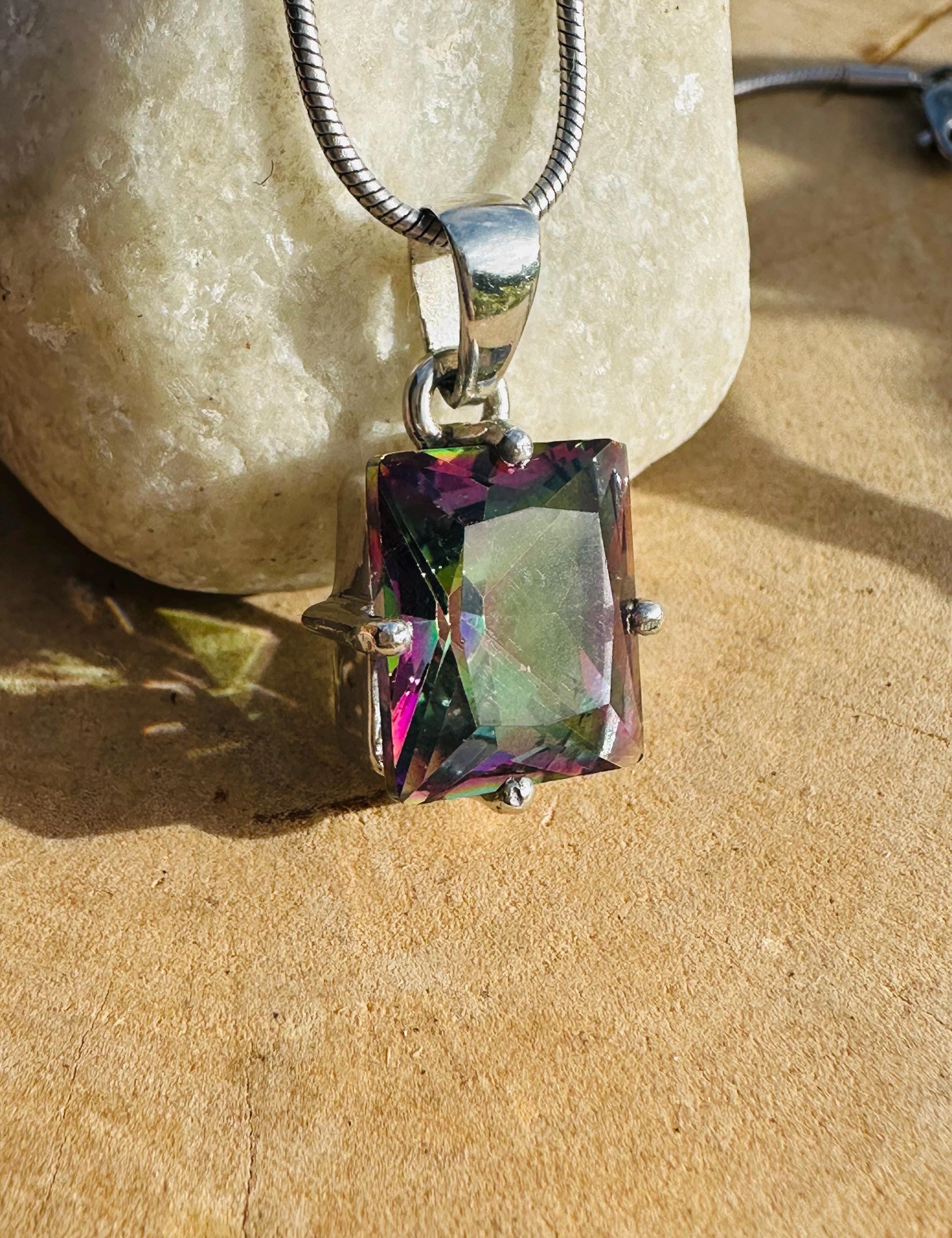 Mystic Topaz Sterling Silver Pendant: Emerald Cut Rainbow Gem