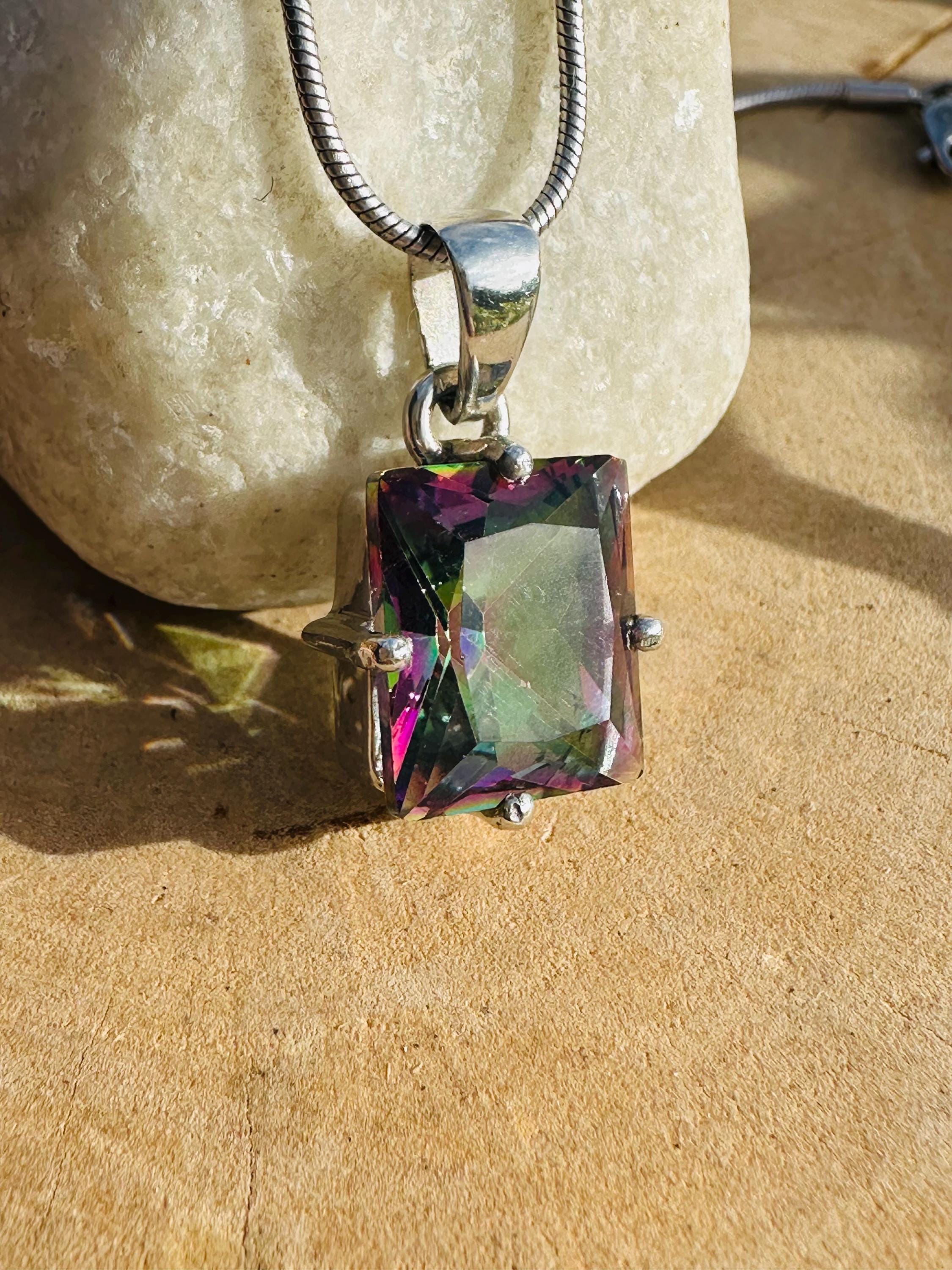 Mystic Topaz Sterling Silver Pendant: Emerald Cut Rainbow Gem