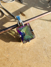 Mystic Topaz Sterling Silver Pendant: Emerald Cut Rainbow Gem
