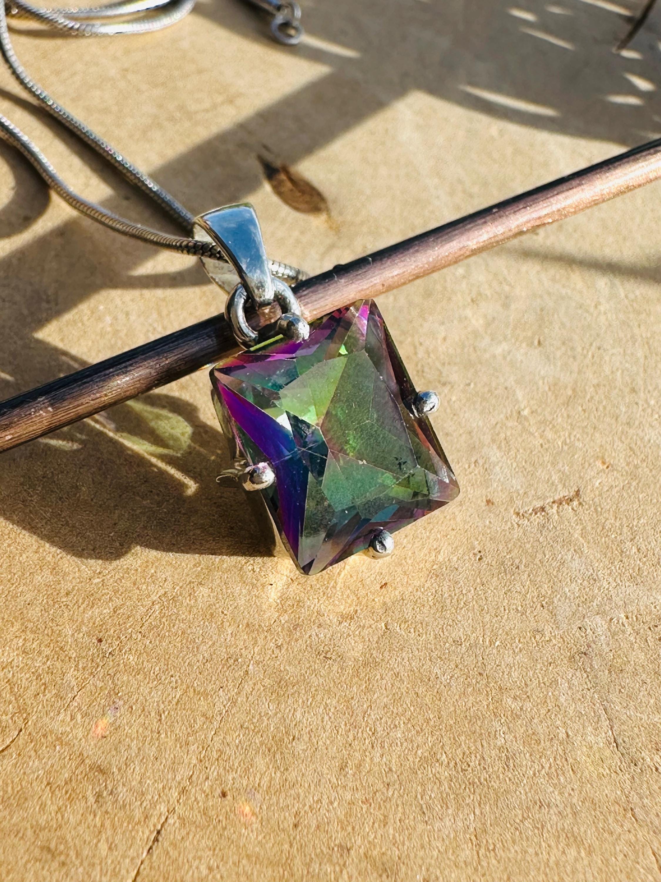 Mystic Topaz Sterling Silver Pendant: Emerald Cut Rainbow Gem