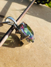 Mystic Topaz Sterling Silver Pendant: Emerald Cut Rainbow Gem