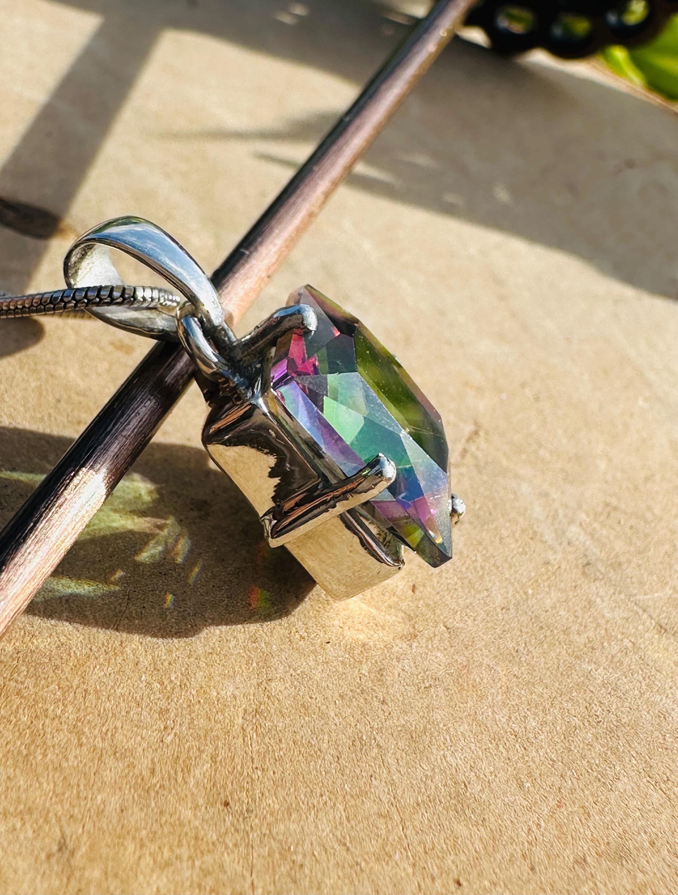 Mystic Topaz Sterling Silver Pendant: Emerald Cut Rainbow Gem