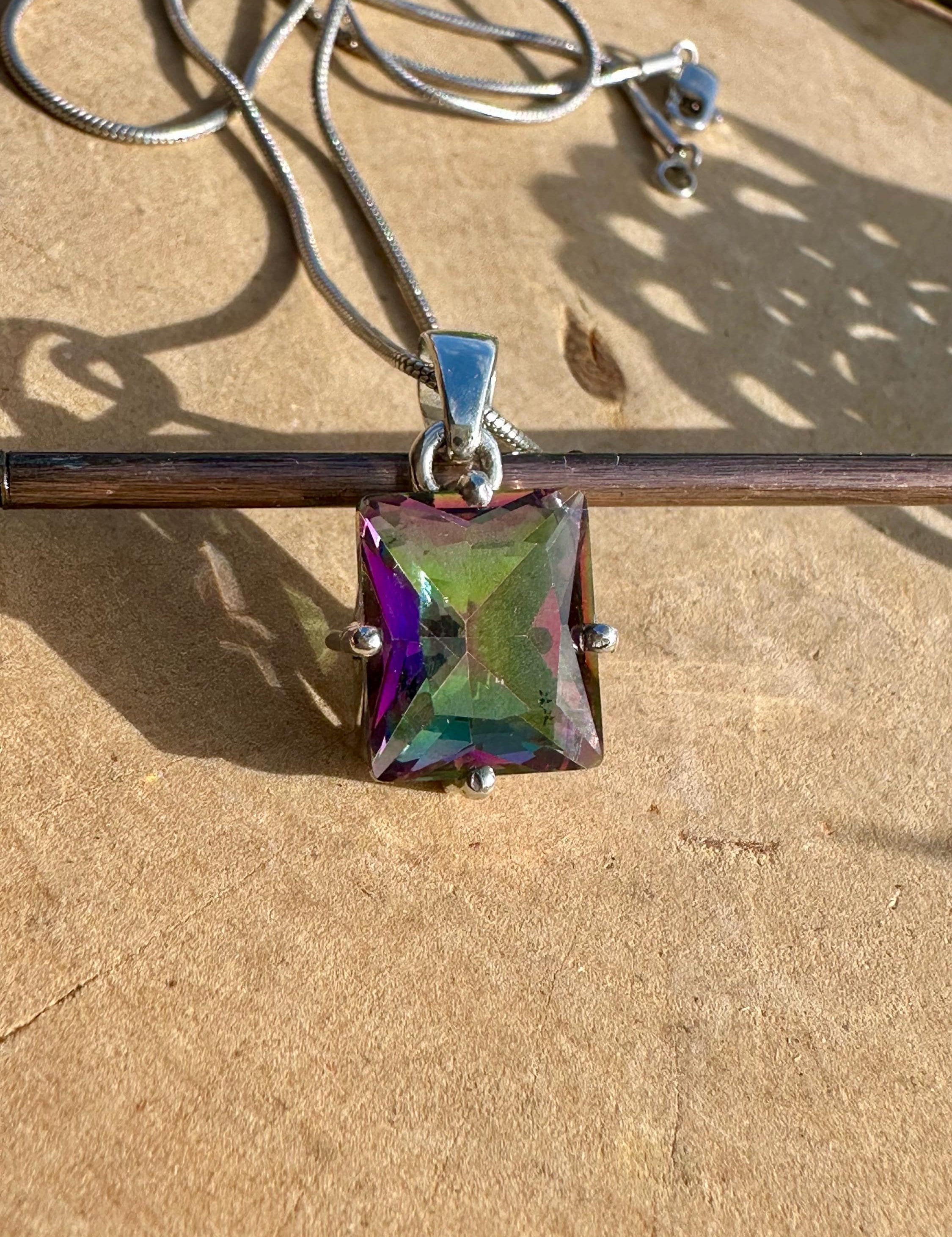 Mystic Topaz Sterling Silver Pendant: Emerald Cut Rainbow Gem