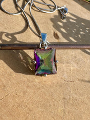 Mystic Topaz Sterling Silver Pendant: Emerald Cut Rainbow Gem