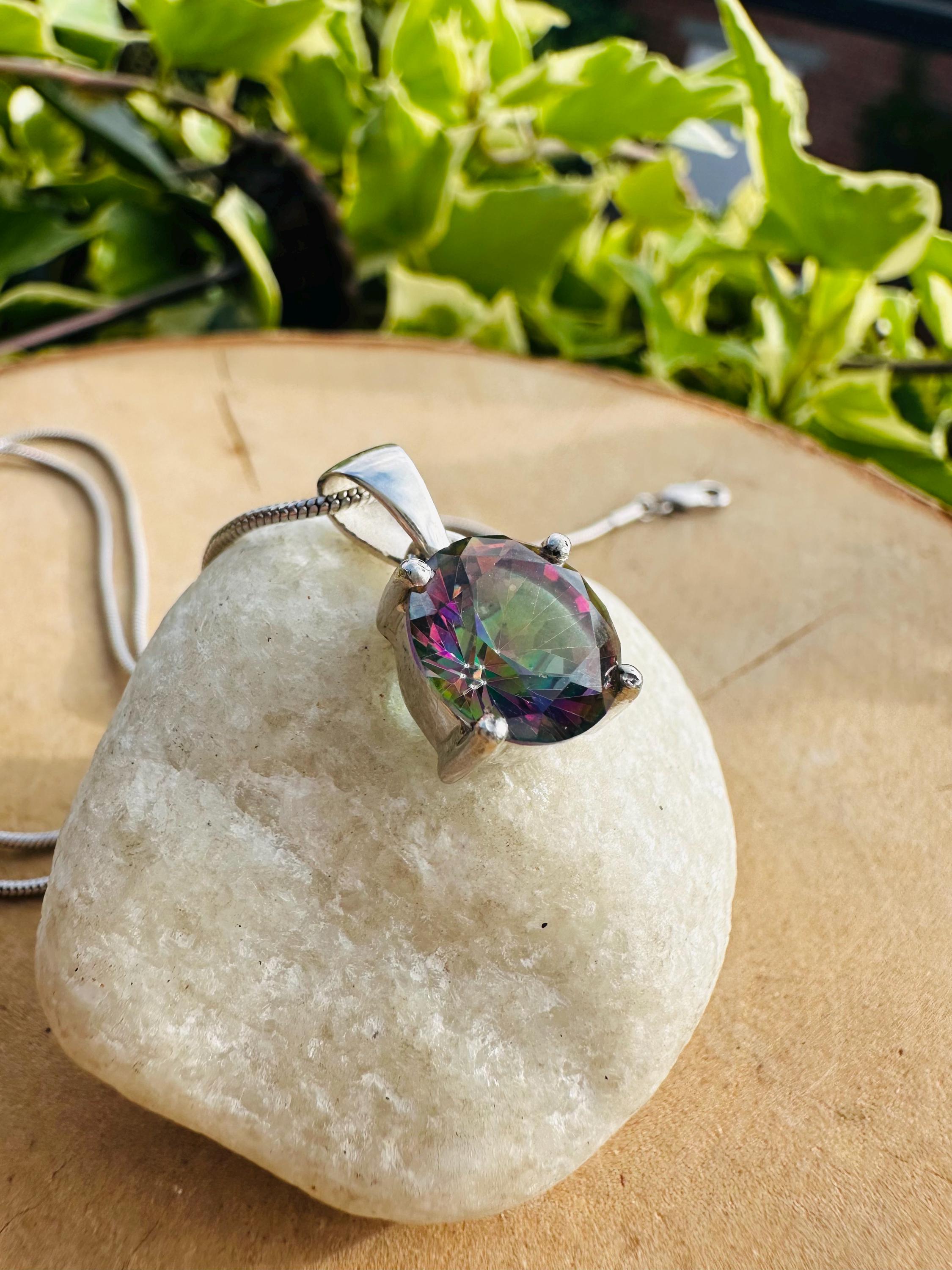 Mystic Topaz Sterling Silver Pendant: Rainbow Gemstone, Handmade
