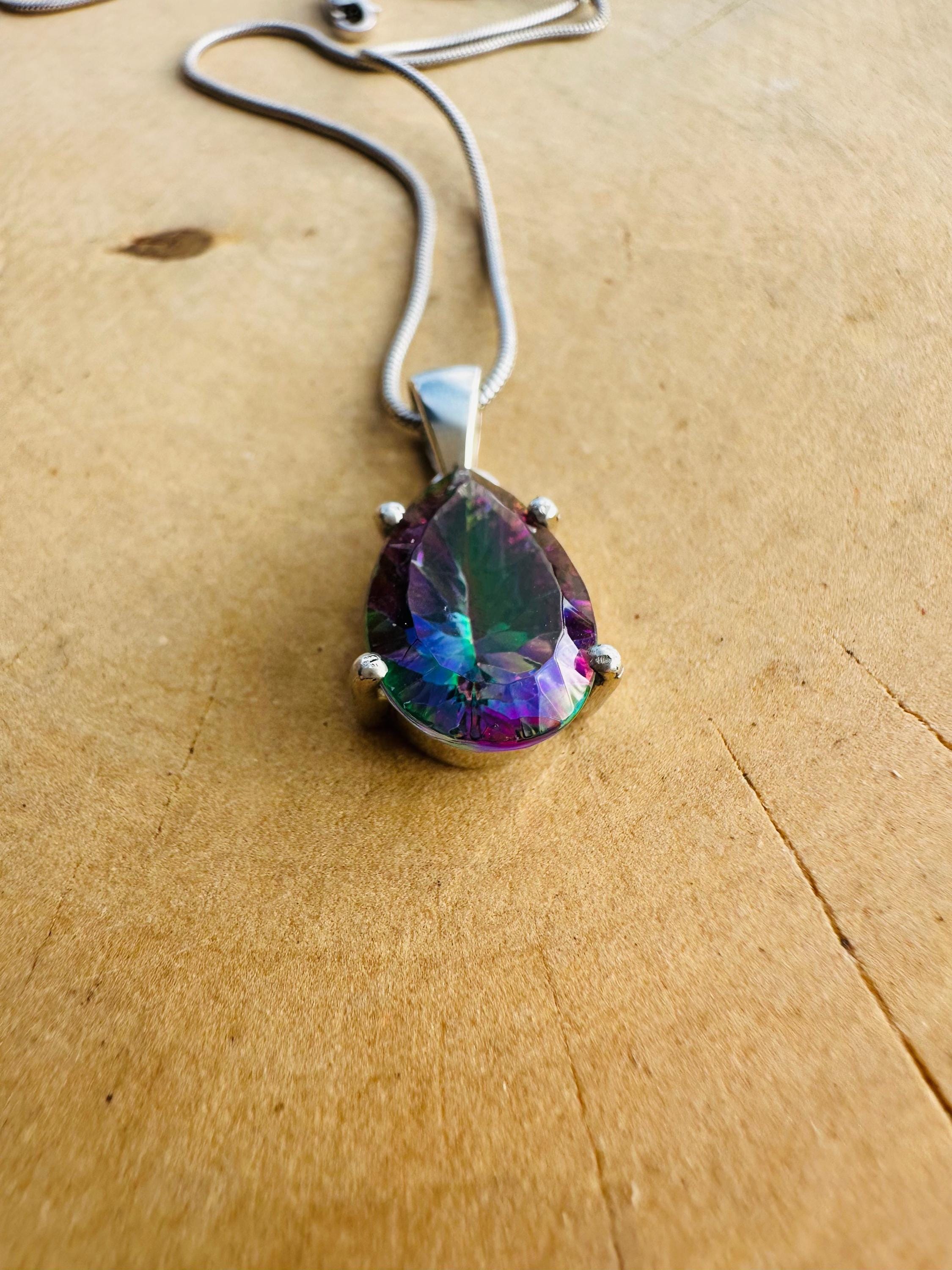 Mystic Topaz Teardrop Pendant: Sterling Silver, Handmade UK