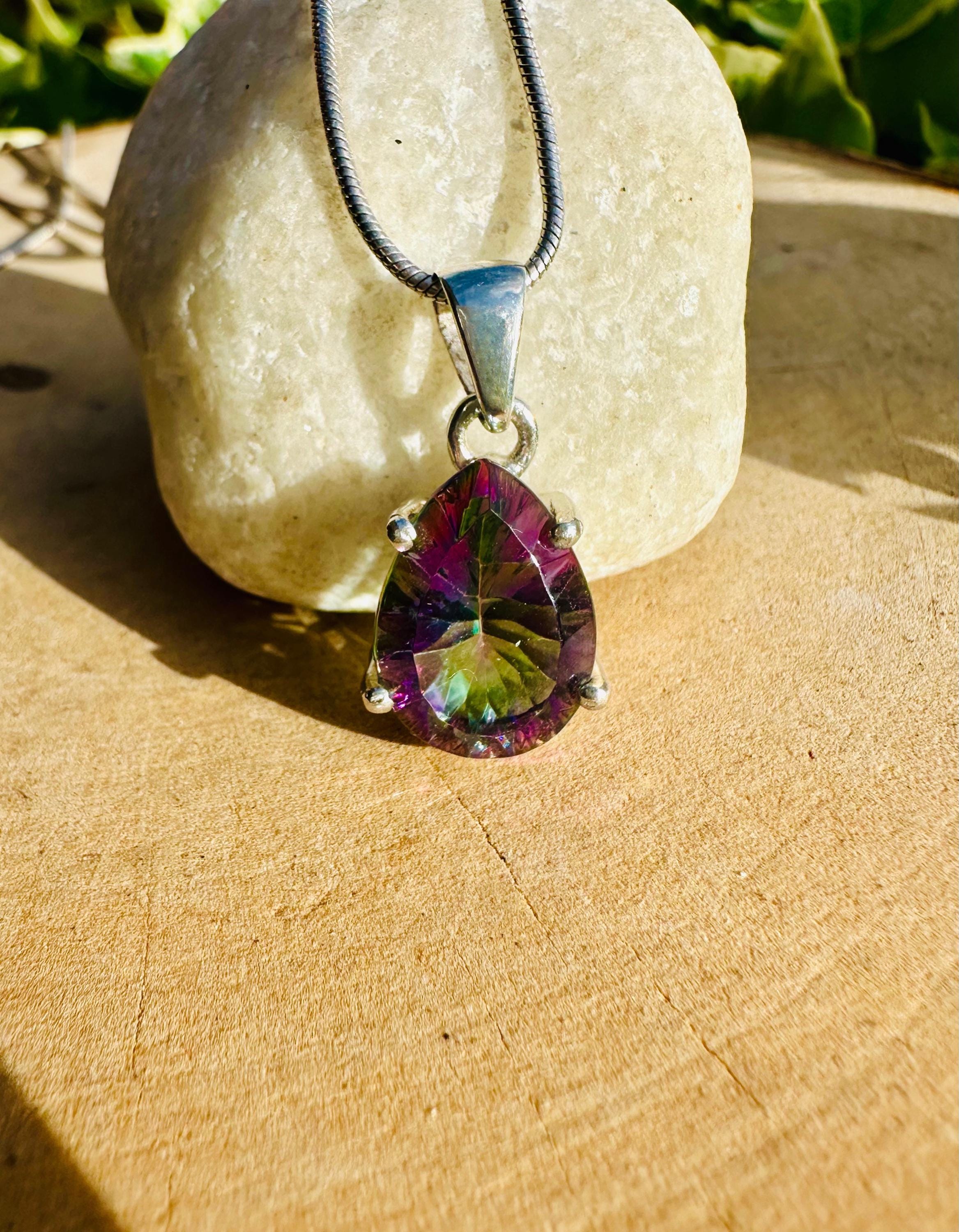 Mystic Topaz Teardrop Pendant: Sterling Silver, Handmade UK