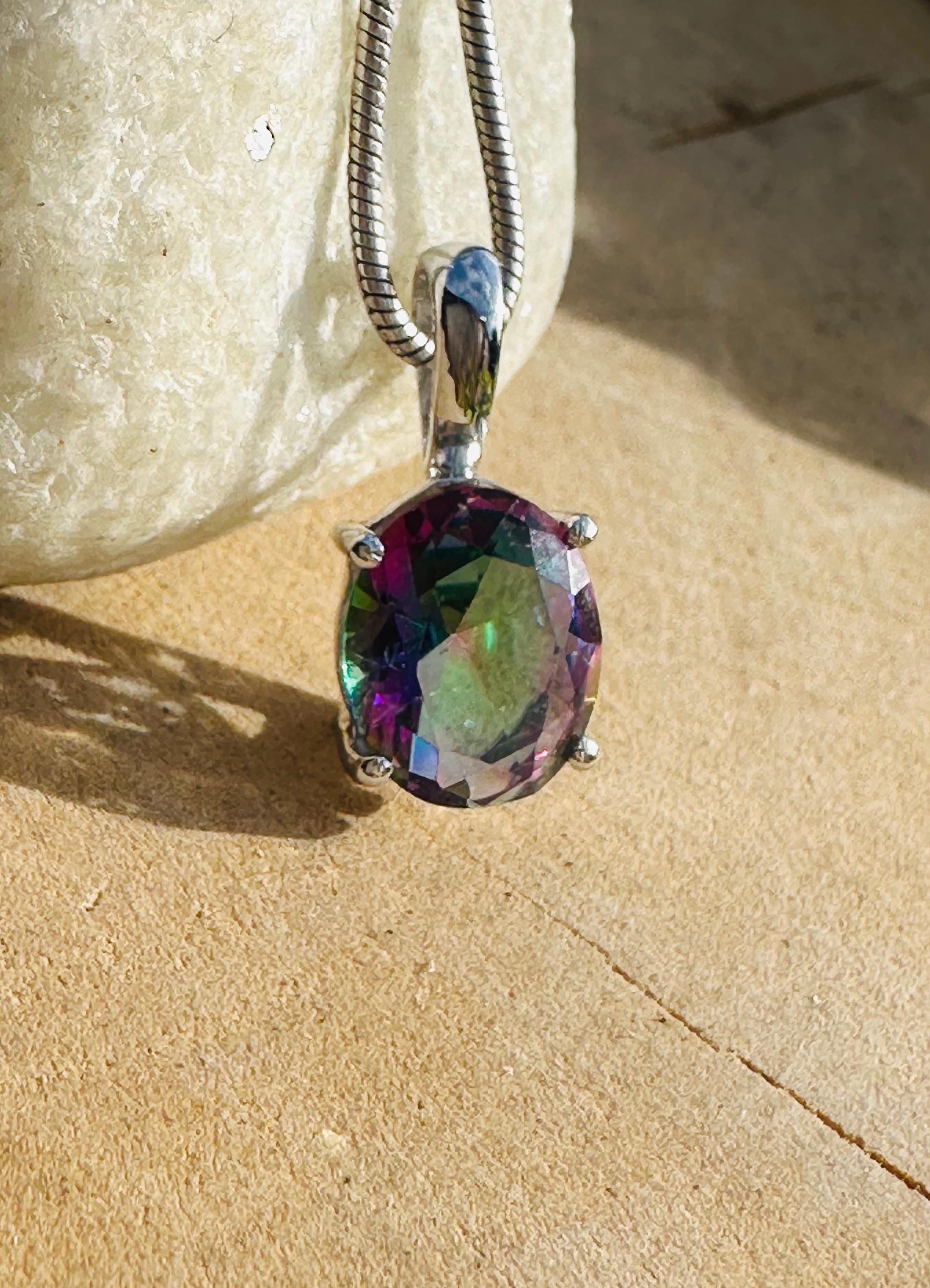 Mystic Topaz Sterling Silver Pendant: Rainbow Gemstone, Handmade