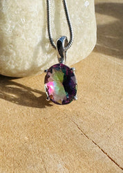 Mystic Topaz Sterling Silver Pendant: Rainbow Gemstone, Handmade
