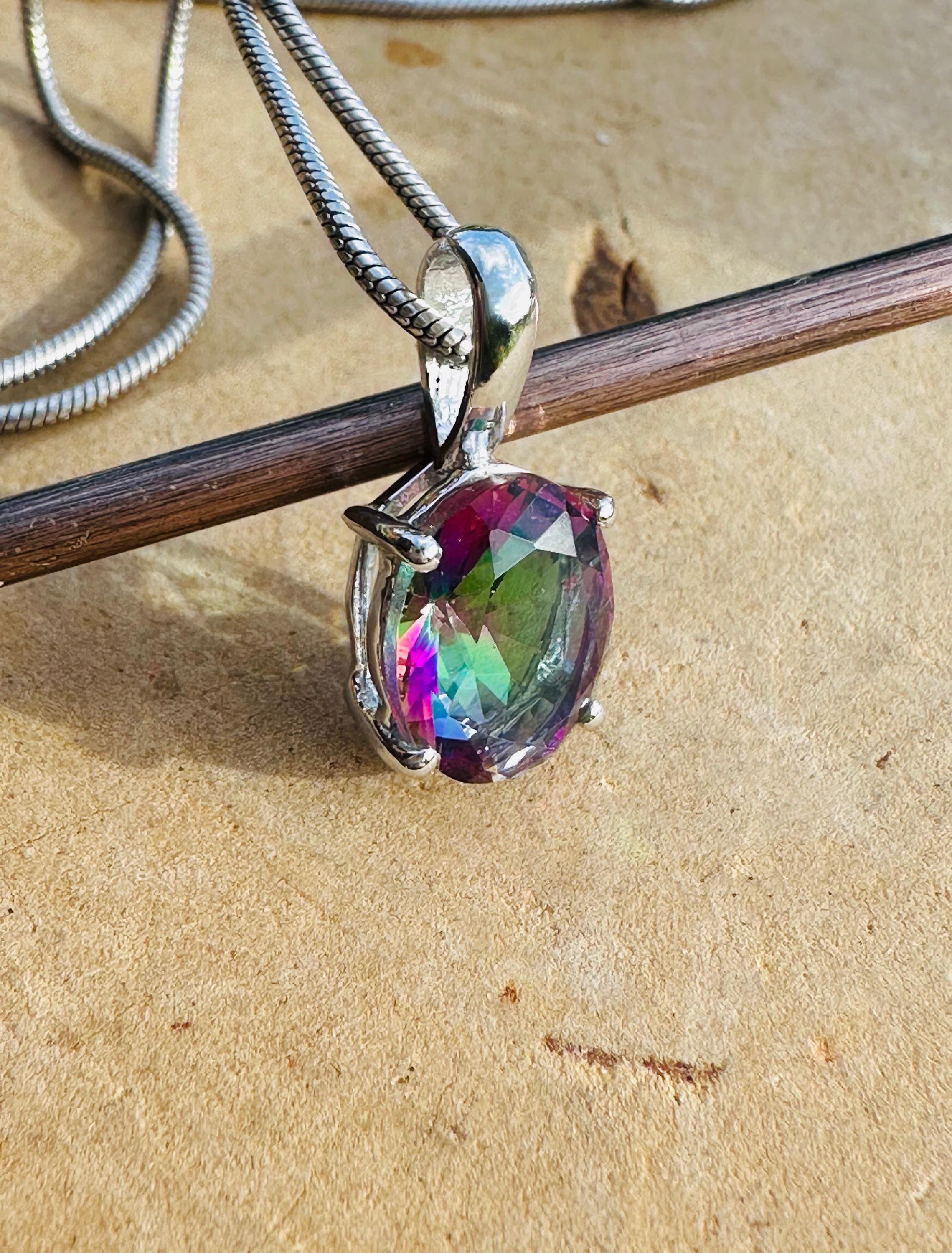 Mystic Topaz Sterling Silver Pendant: Rainbow Gemstone, Handmade