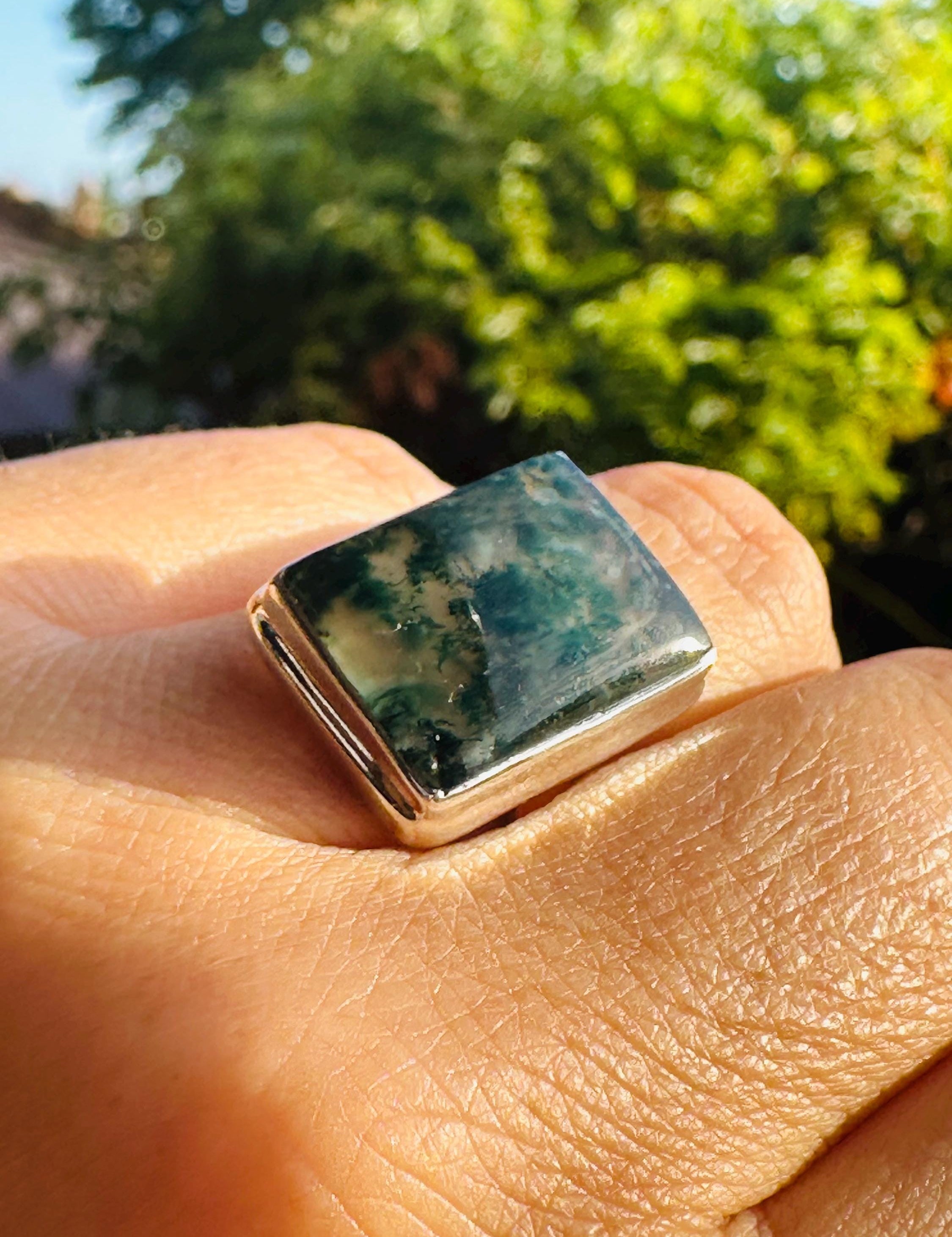 Moss Agate Ring, Rectangle 20mm x 15mm Sterling Silver, Handmade UK gift
