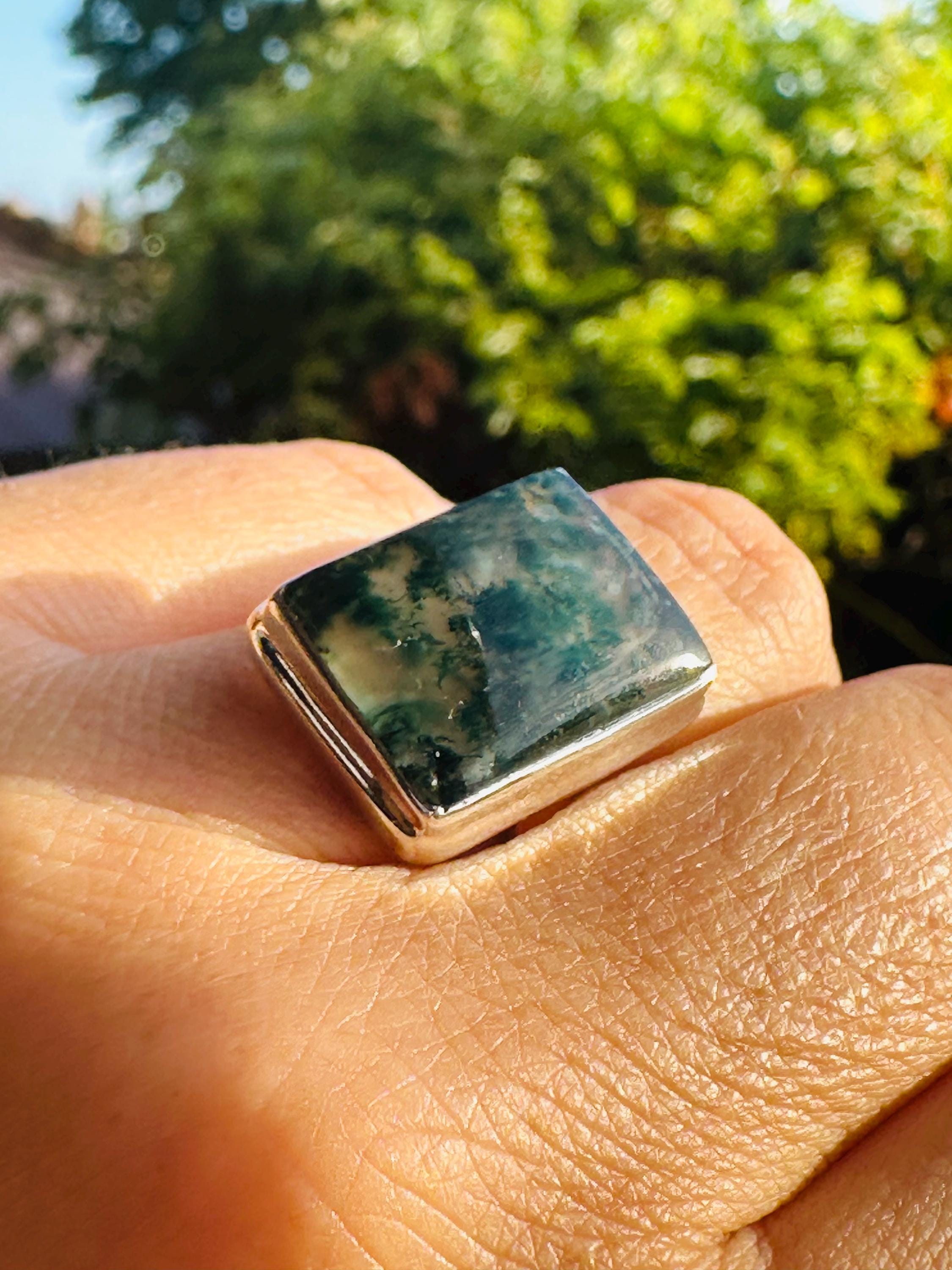 Moss Agate Ring, Rectangle 20mm x 15mm Sterling Silver, Handmade UK gift