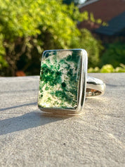 Moss Agate Ring, Rectangle 20mm x 15mm Sterling Silver, Handmade UK gift