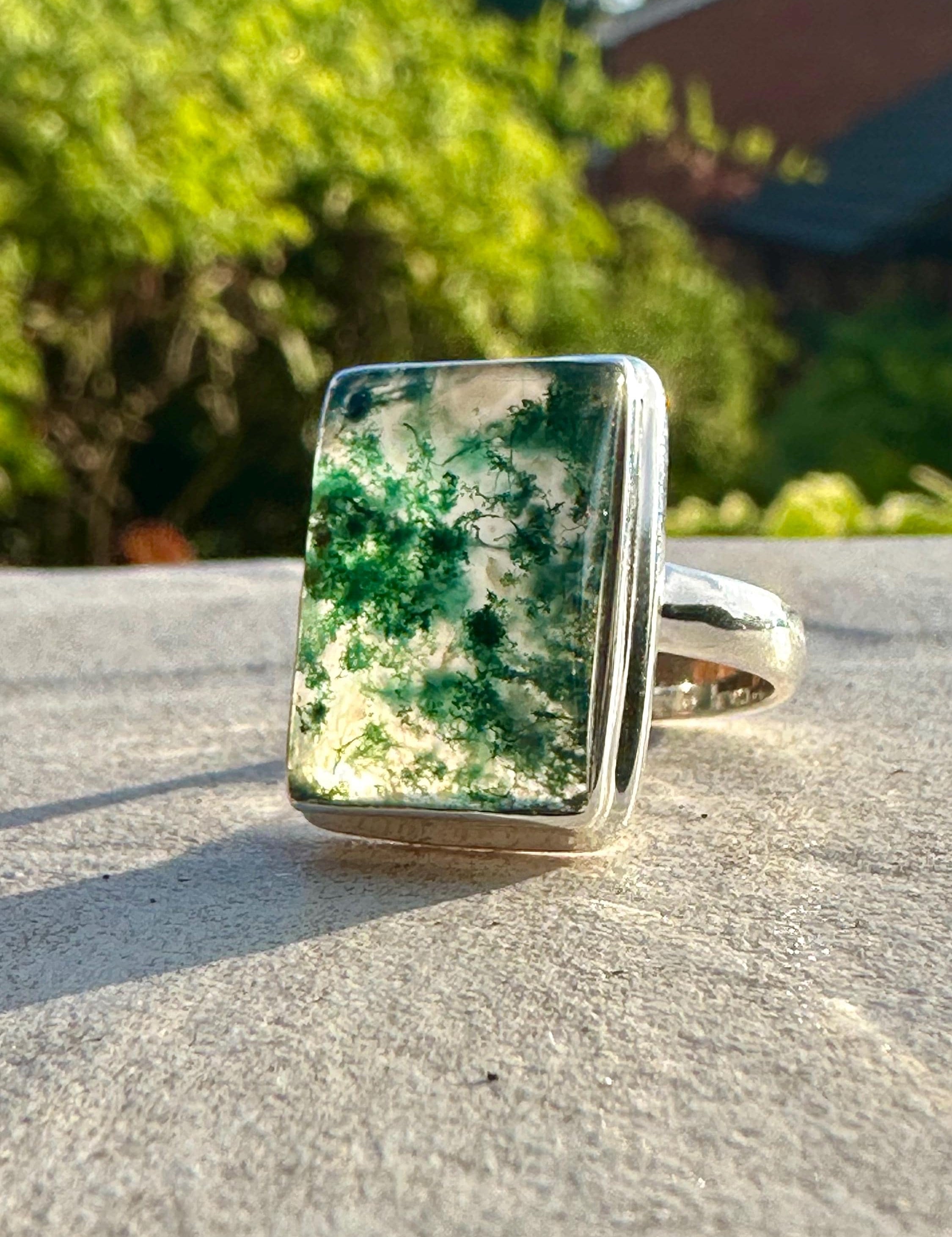 Moss Agate Ring, Rectangle 20mm x 15mm Sterling Silver, Handmade UK gift