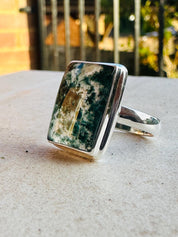 Moss Agate Ring, Rectangle 20mm x 15mm Sterling Silver, Handmade UK gift