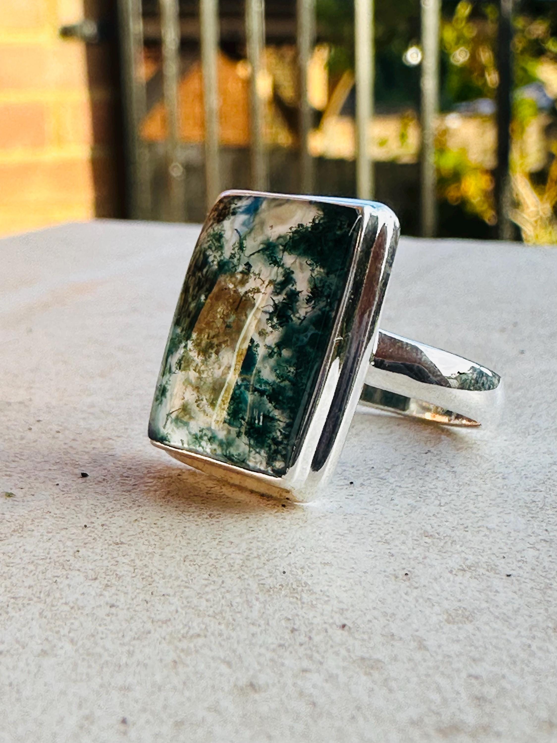 Moss Agate Ring, Rectangle 20mm x 15mm Sterling Silver, Handmade UK gift
