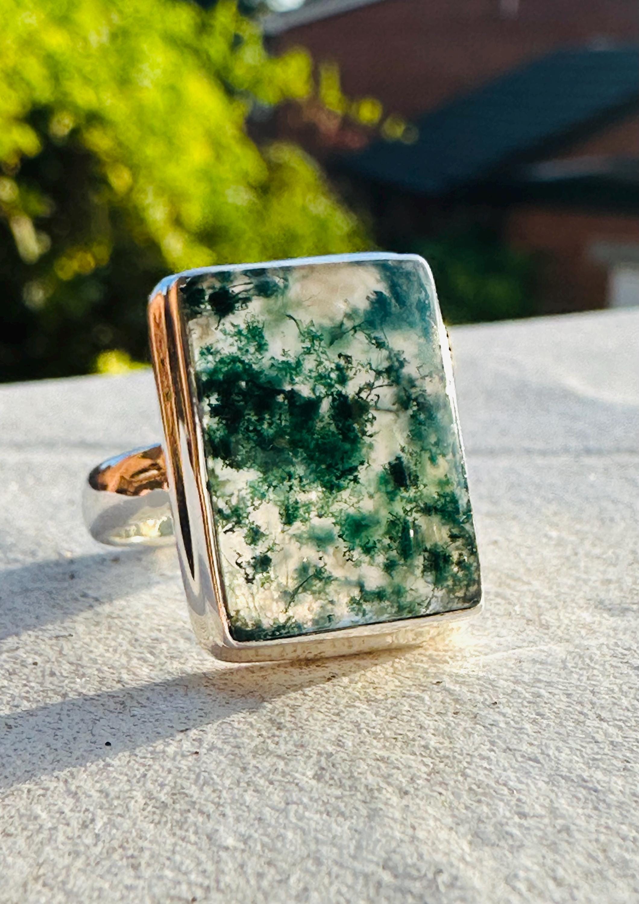 Moss Agate Ring, Rectangle 20mm x 15mm Sterling Silver, Handmade UK gift