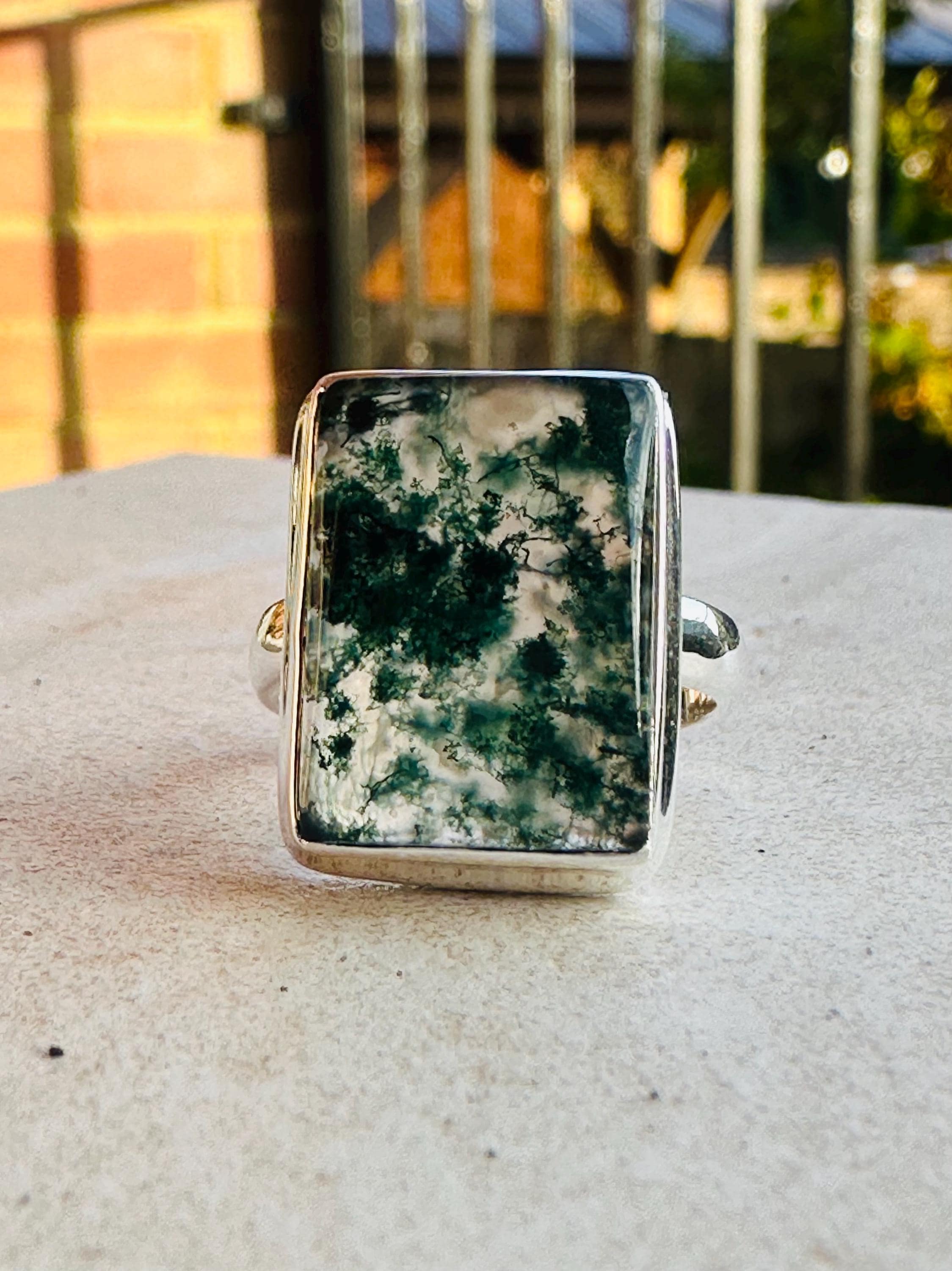 Moss Agate Ring, Rectangle 20mm x 15mm Sterling Silver, Handmade UK gift