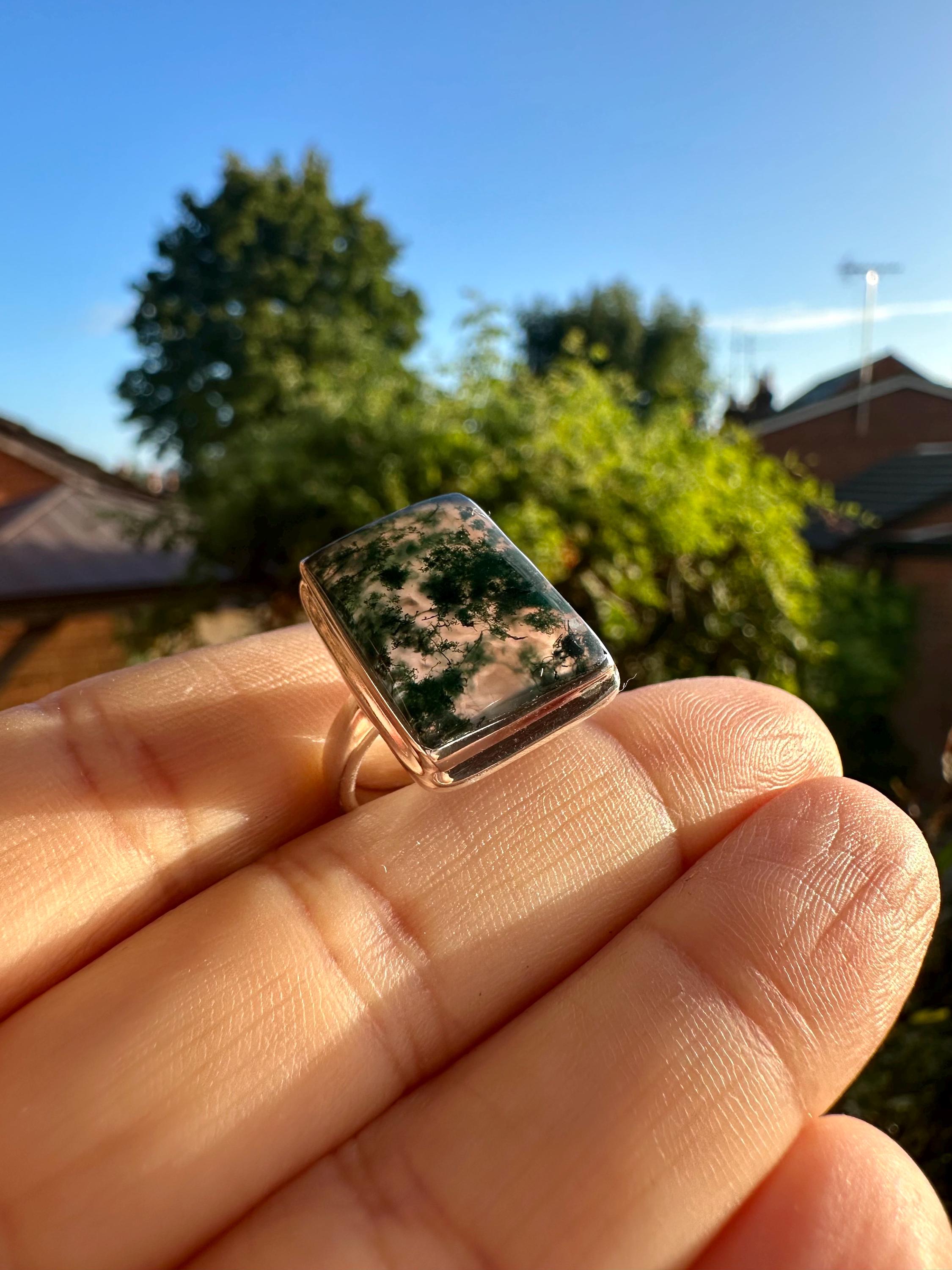Moss Agate Ring, Rectangle 20mm x 15mm Sterling Silver, Handmade UK gift