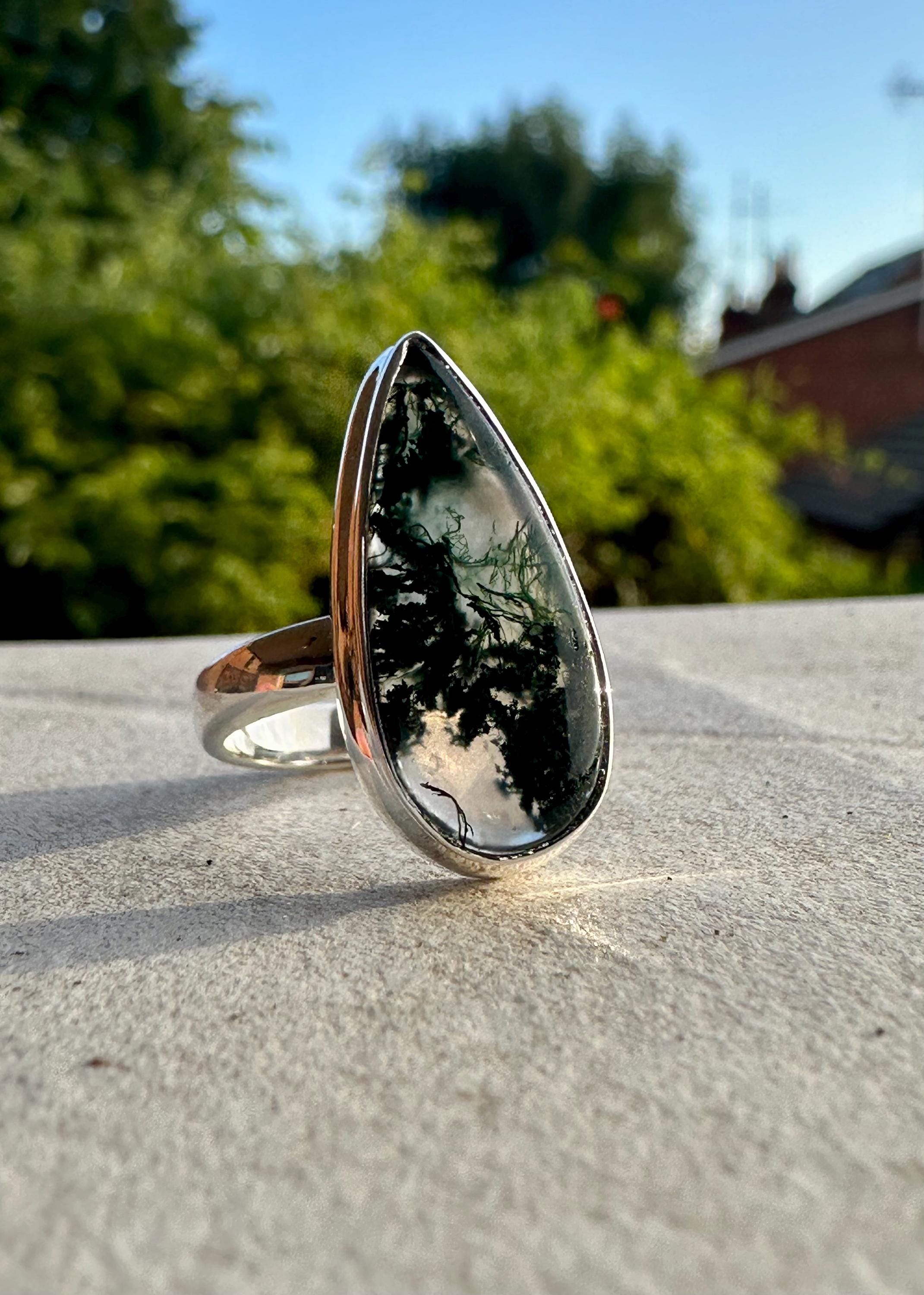 Moss Agate Ring, Teardrop 25mm x 11mm Sterling Silver, Handmade UK gift