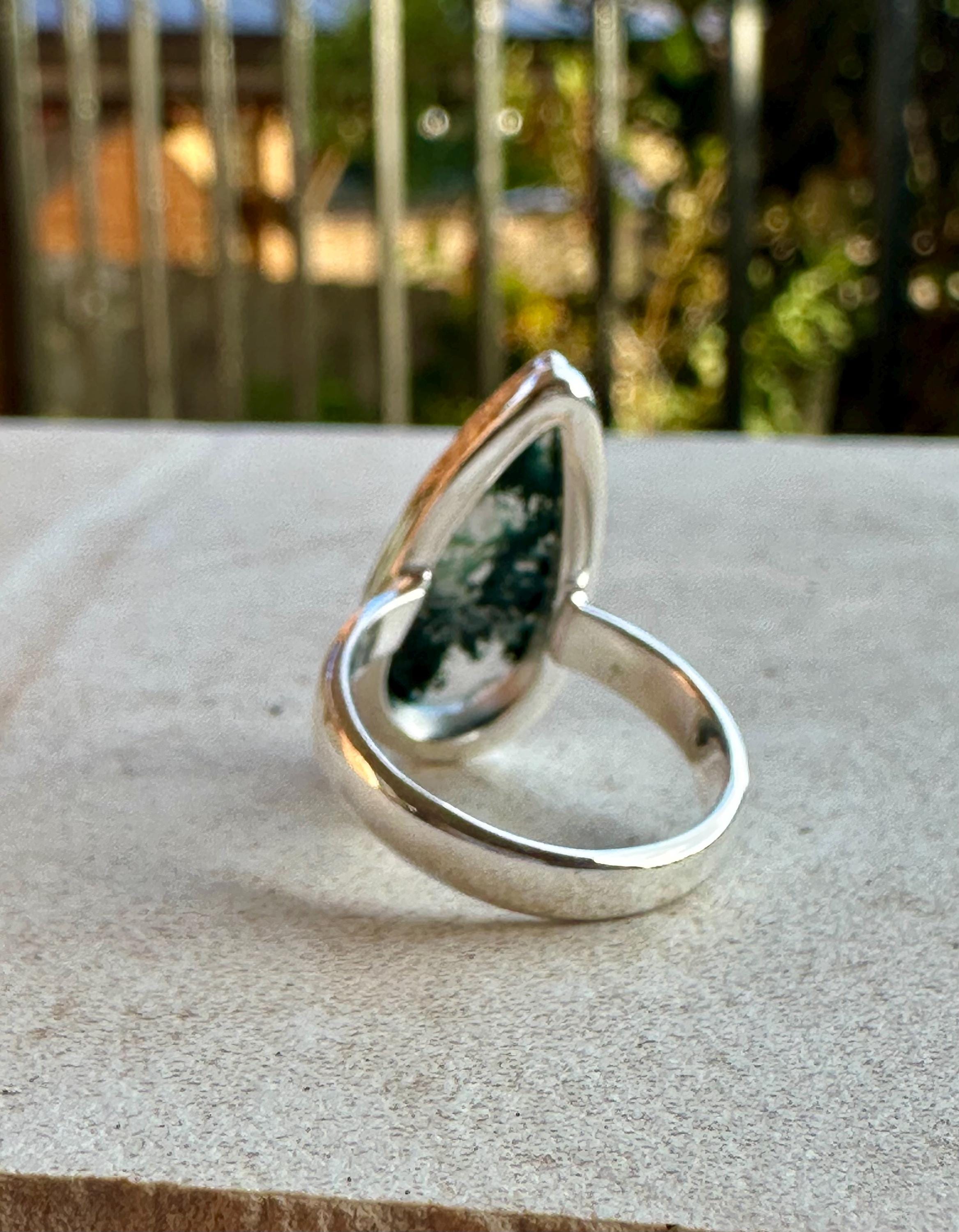 Moss Agate Ring, Teardrop 25mm x 11mm Sterling Silver, Handmade UK gift