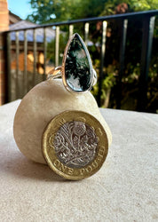 Moss Agate Ring, Teardrop 25mm x 11mm Sterling Silver, Handmade UK gift