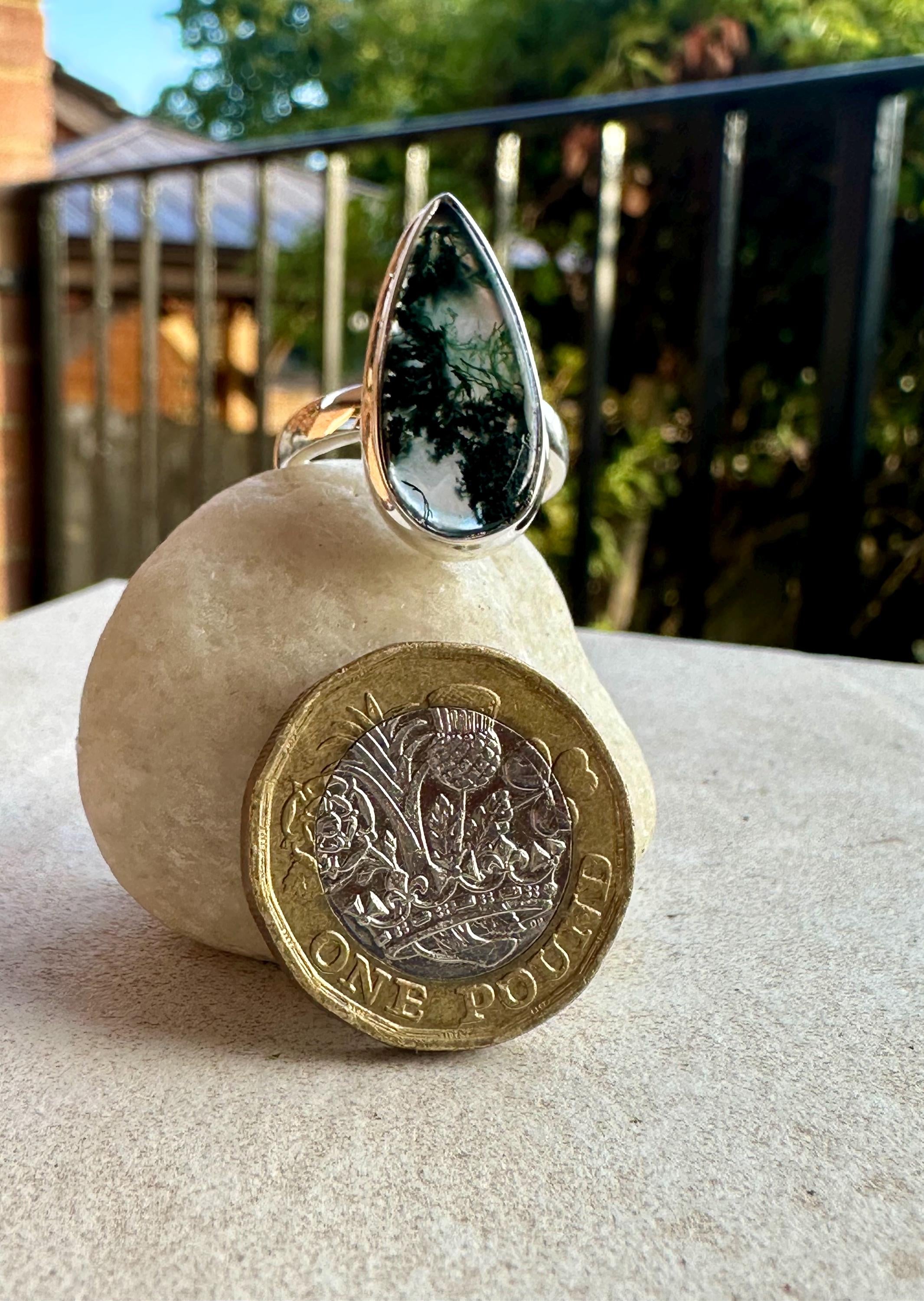 Moss Agate Ring, Teardrop 25mm x 11mm Sterling Silver, Handmade UK gift