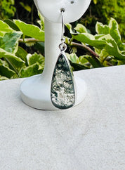 Moss Agate Dangle Earrings, Large Teardrop 27mm x 12mm Sterling Silver, Handmade UK gift