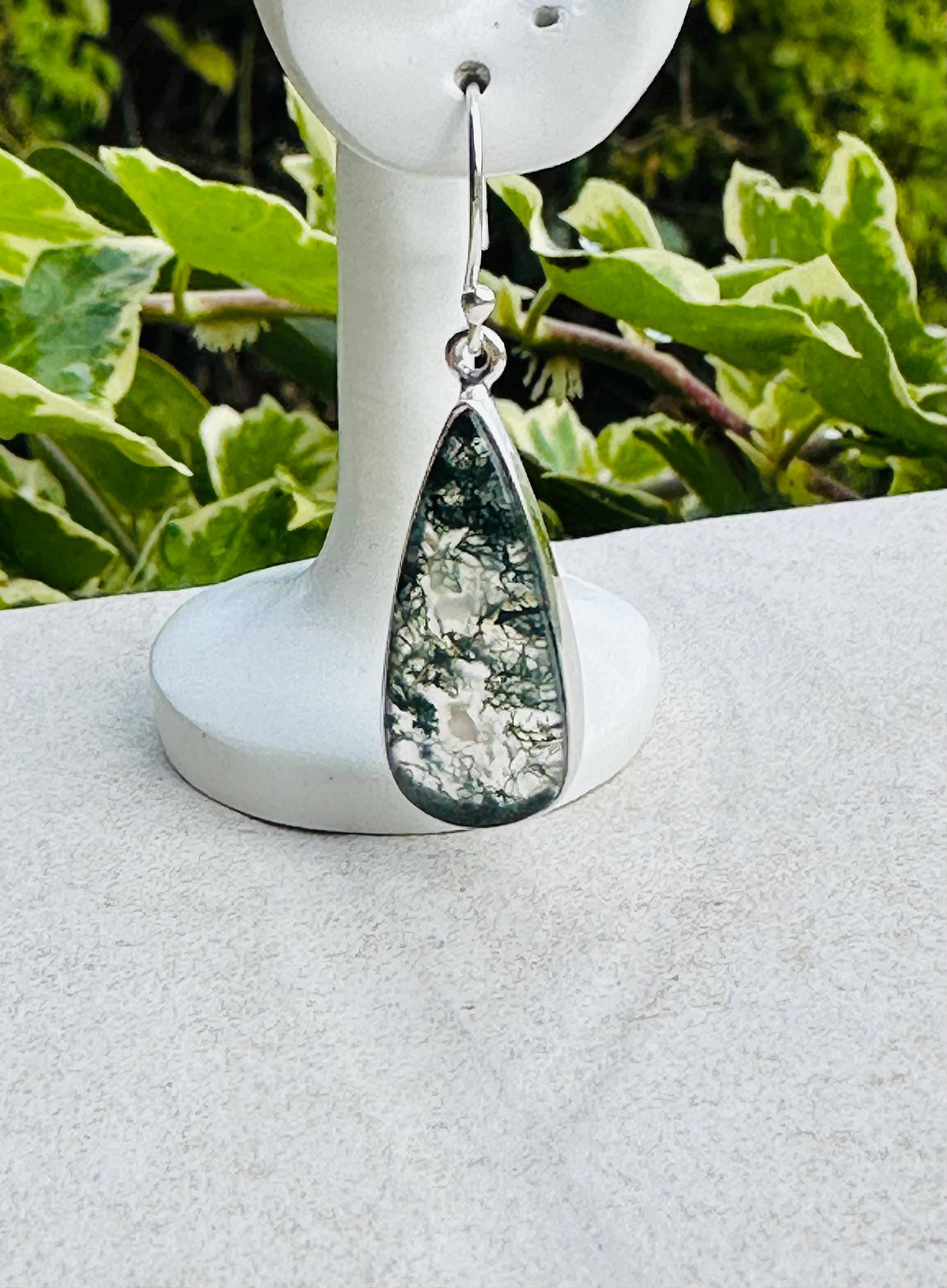 Moss Agate Dangle Earrings, Large Teardrop 27mm x 12mm Sterling Silver, Handmade UK gift