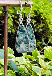 Moss Agate Dangle Earrings, Large Teardrop 27mm x 12mm Sterling Silver, Handmade UK gift