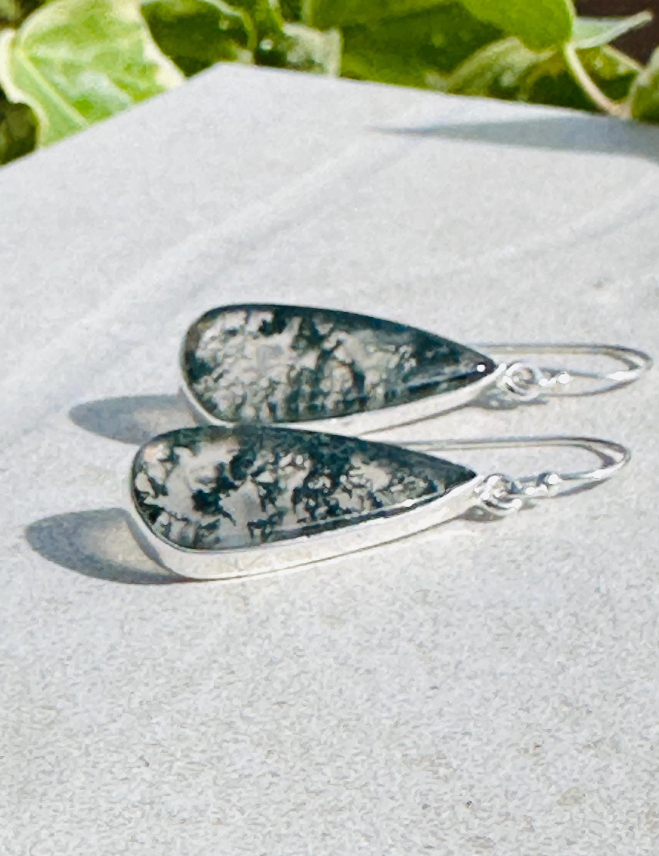 Moss Agate Dangle Earrings, Large Teardrop 27mm x 12mm Sterling Silver, Handmade UK gift